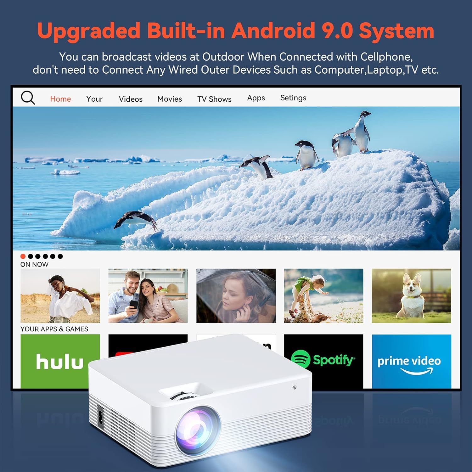 Projecteur avec système Android 9.0 intégré, Projector WiFi Bluetooth, Support 1080P, projecteur Intelligent 6000 lumens, videoprojecteur extérieur Intelligent avec USB pour Films Home cinéma