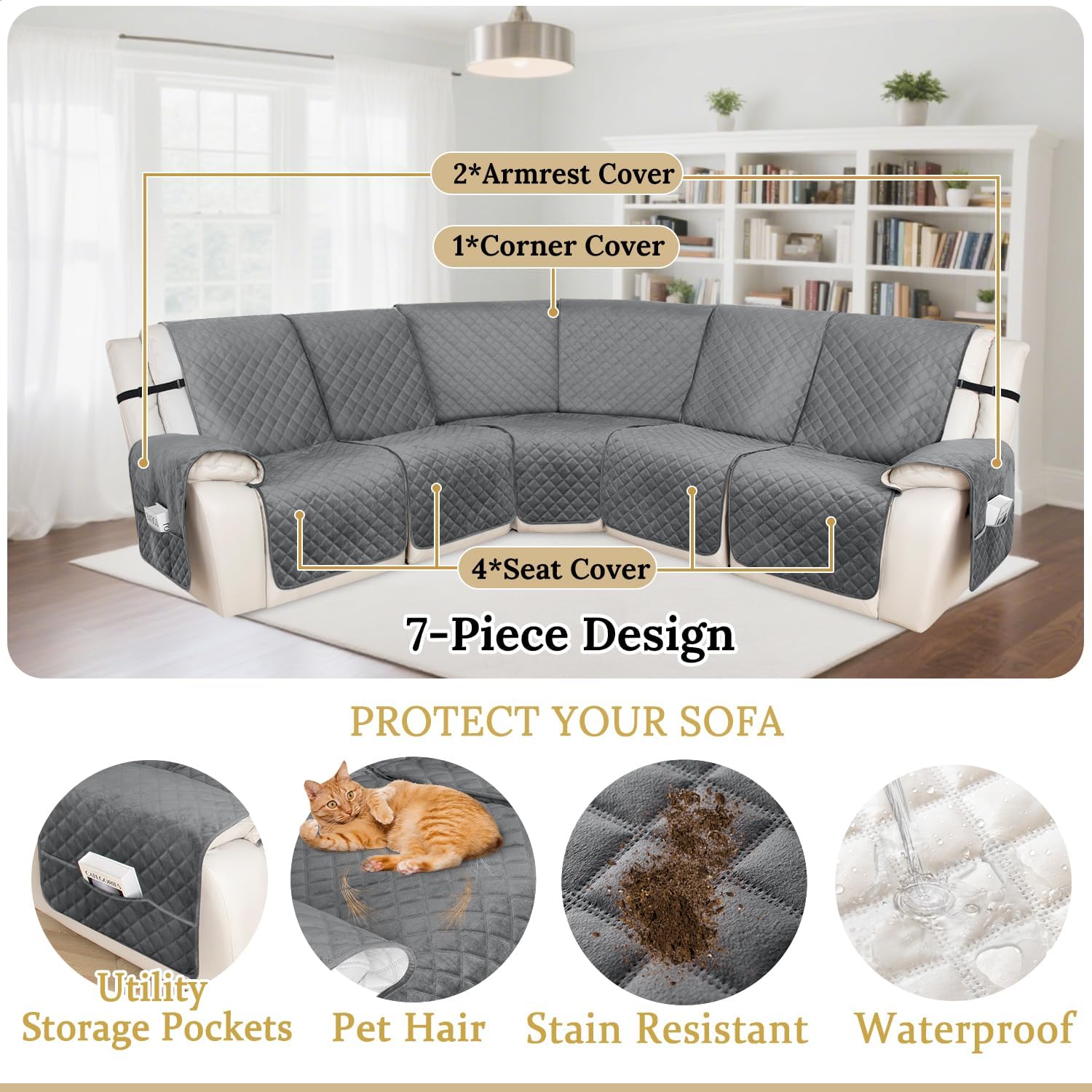 HDCAXKJ 100% Waterproof Velvet Recliner Sectional Couch Covers L Shaped Corner Reclining Sofa Cover Washable Thick Non Slip Sectional Slipcover with Pockets (5 Seat and 1 Middle Console, Grey)