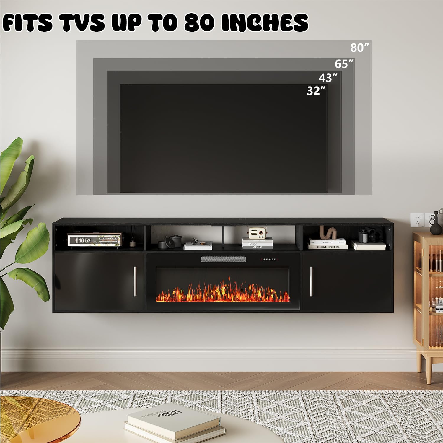 Diagram showing the TV stand's compatibility with various TV sizes, up to 80 inches.