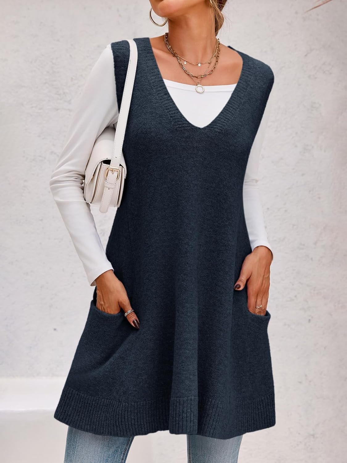 Saodimallsu Womens Sleeveless Sweater Vest V Neck Casual Loose Knit A Line Flattering Tunic Top with Pockets - Image 3