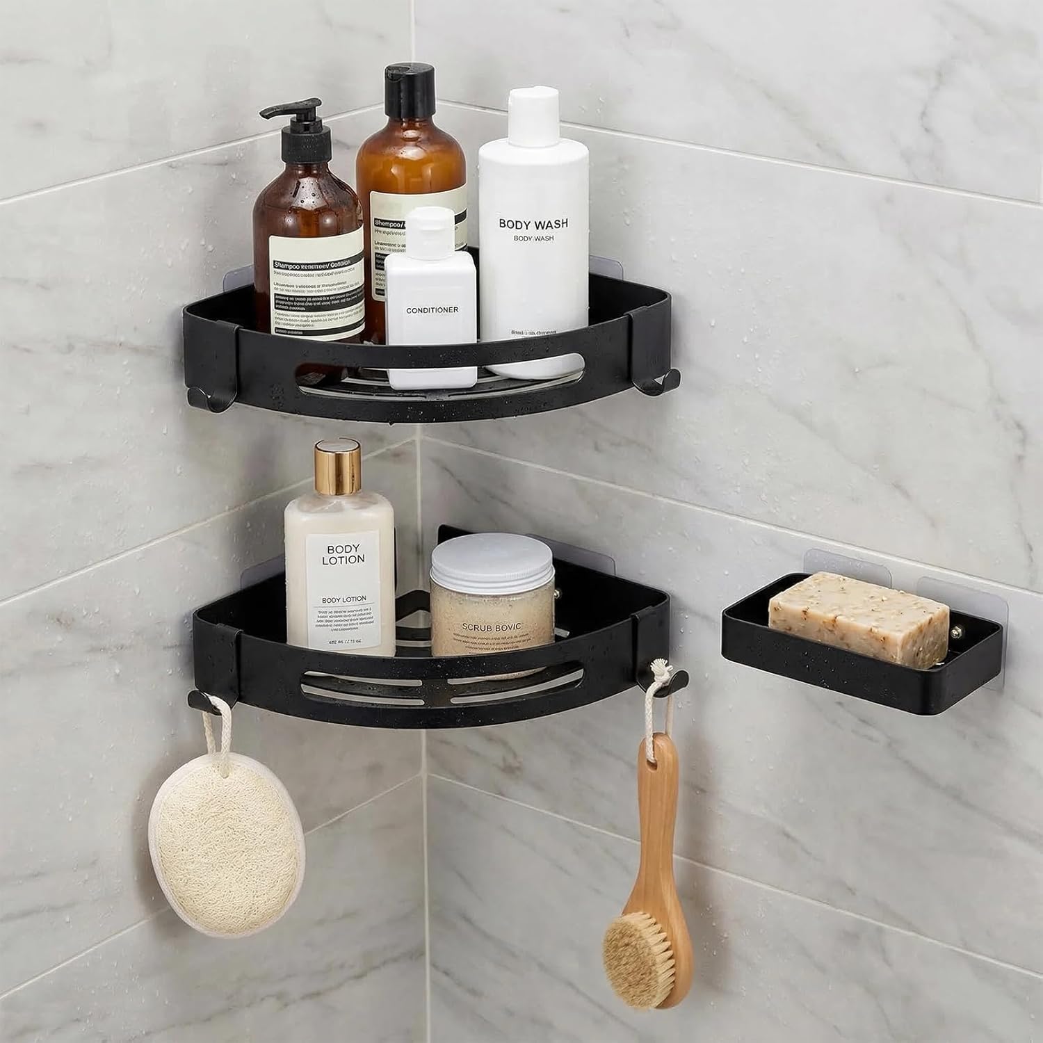 Corner Shower Caddy Adhesive, 3 Pack Rustproof 304 Stainless Steel Bathroom Shower Organizer, No-Drill Corner Shower Shelves with Soap Holder for Inside Shower, Bathroom Storage, Black