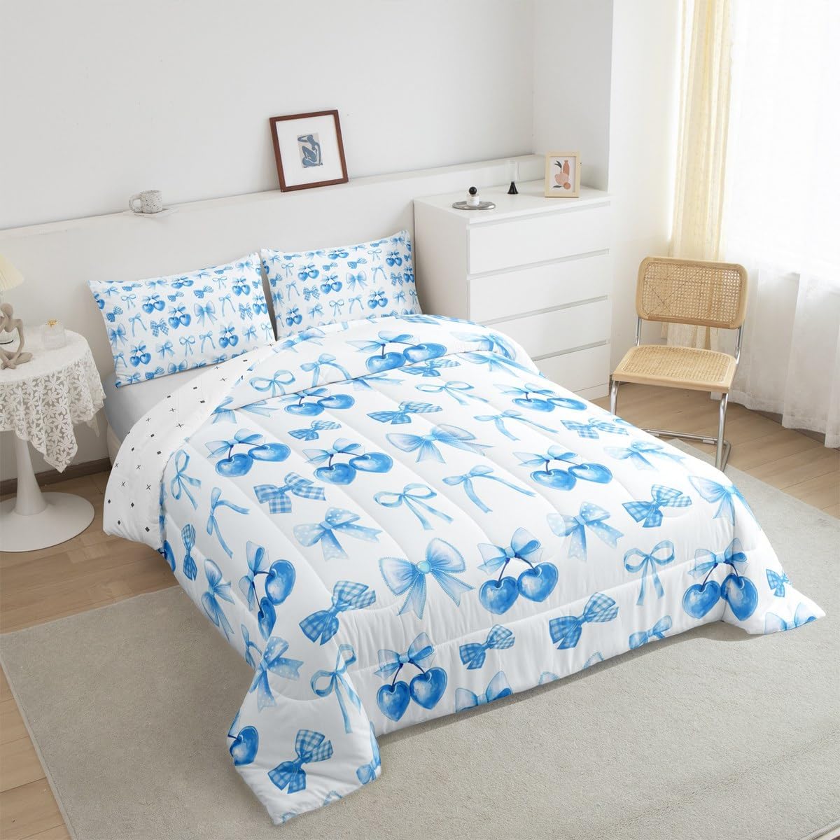 Blue Bow Cherry Kids Comforter Sets Toddler Size,Cartoon Bowknot Girls Women Bedding Sets,Dreamy Princess Style Quilt Set Bedroom Decor 2 PCS,Watercolor Bowknot Quilt Set with 1 Pillowcase