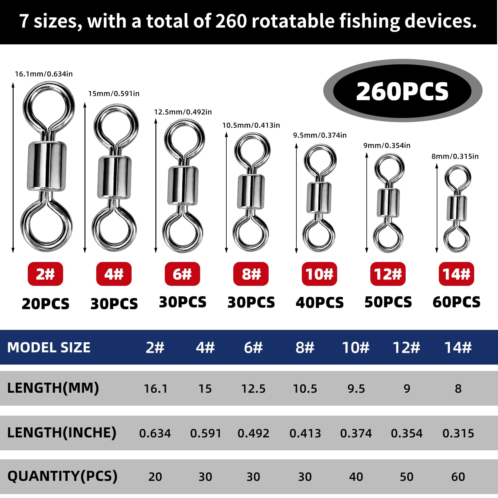 260 Piezas Eslabones Giratorios de Barril para Pesca, 14# 12# 10# 8# 6# 4# 2# Emerillones de Pesca, giratorios pescas Conector para señuelos de pescas competitivos en el mar