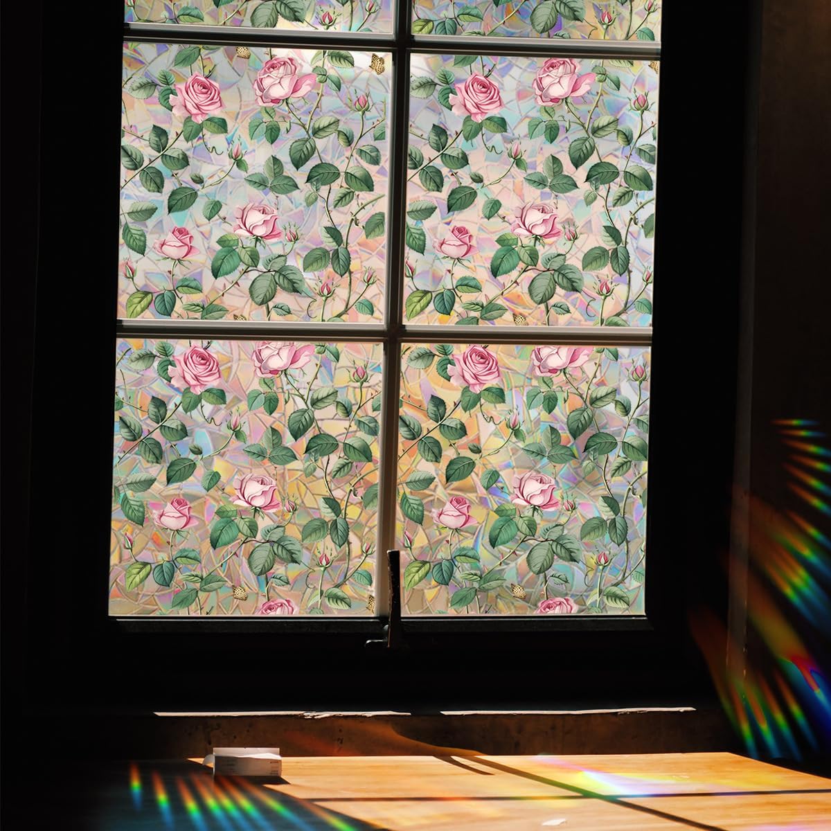 Window Film, Decorative Flower Window Privacy Film, Pink Rose Floral Double Sided Static Glass Window Clings Stickers for Home Office Living Room Bathroom Room Glass Windows Door Decor