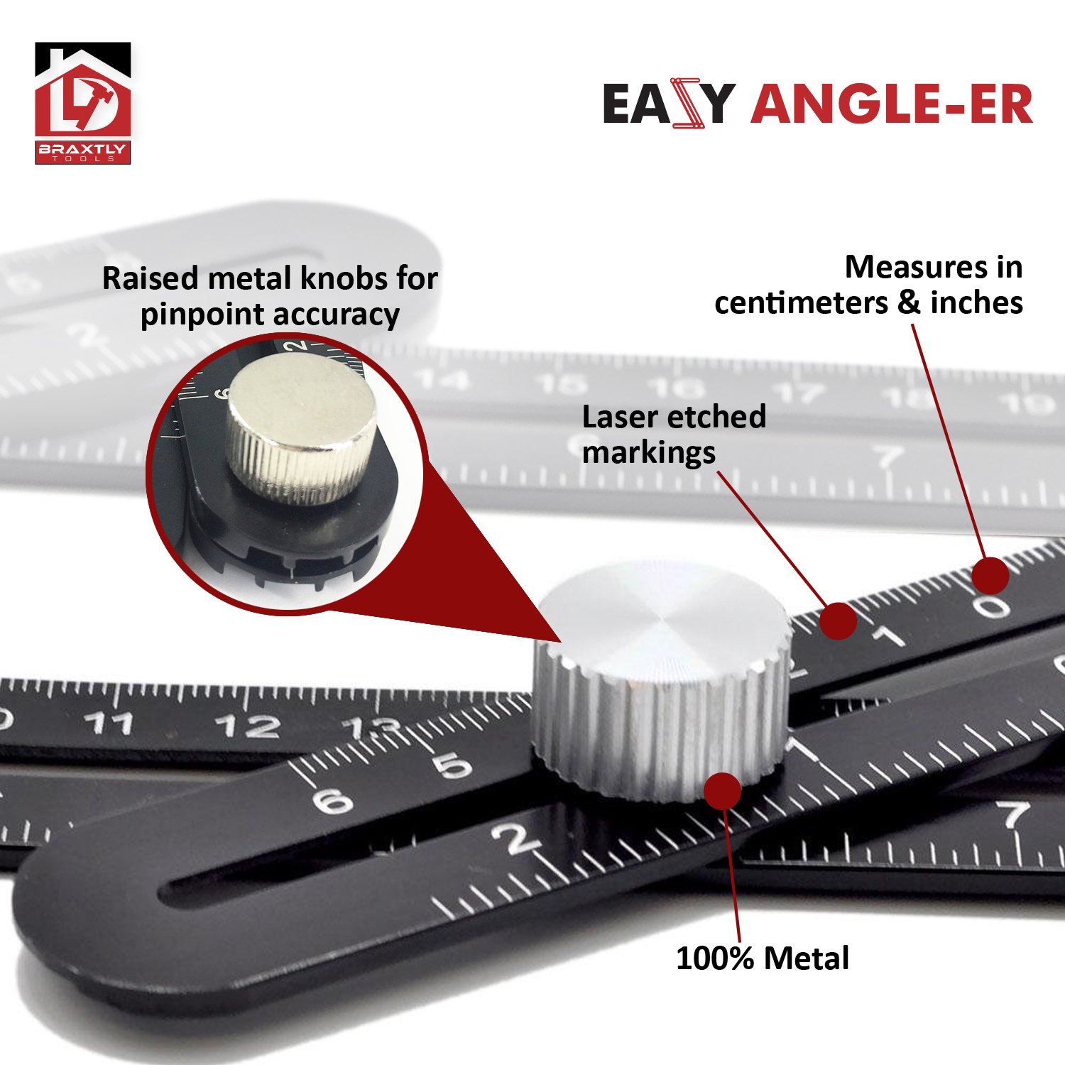 Braxtly Tools™Easy Angle-ER Heavy Duty Template Tool - Ultimate Multi Angle Ruler - for Measuring Angles - Made of Premium Metal Alloy- Adjustable Knobs for Precise Measurement- w/Instruction Manual