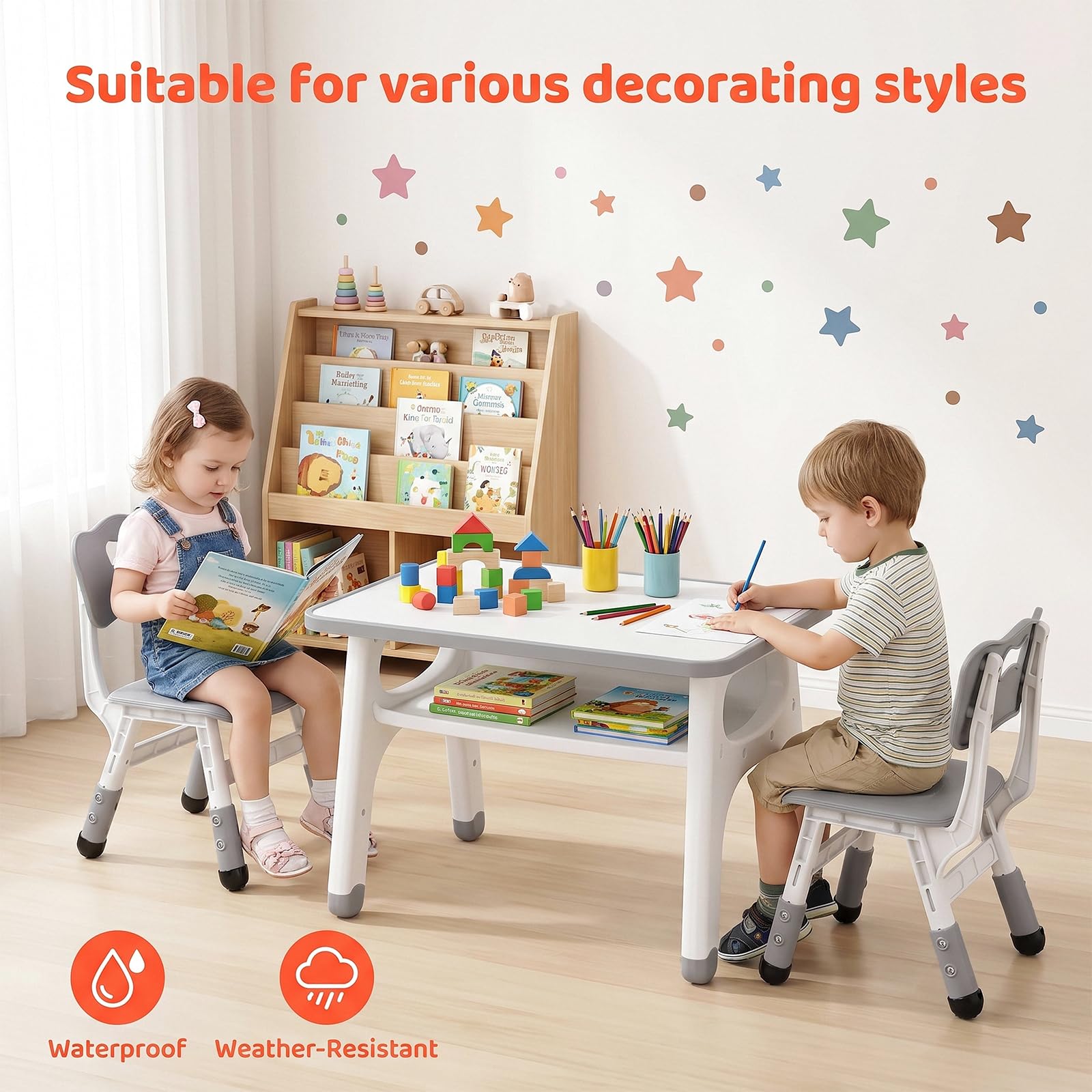 MAMIZO Kindertisch-Stuhl Set, Kindersitzgruppe mit 2 höhenverstellbaren Stühlen, Maltisch für Kinder mit bemalbarer Tischplatte & Stauraum, multifunktionaler Kinderspieltisch 70x50 cm, Grau