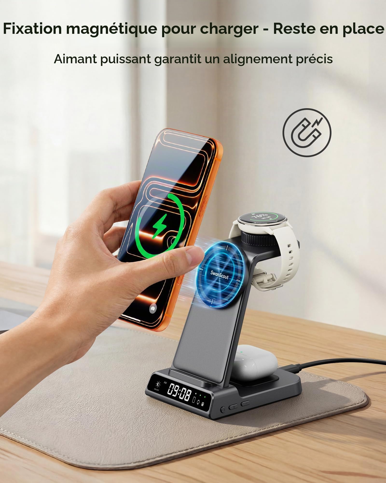 Chargeur pour Garmin Watch, Chargeur Induction Magnétique pour iPhone 17 16 15 14, Station de Charge 3 en 1 pour Garmin Fenix, Venu, Forerunner, Vivoactive, Instinct, AirPods Pro 3/4 (Not Adapter)
