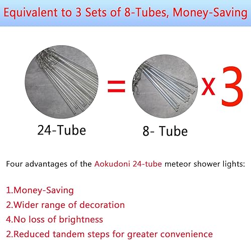 Miniatura 3 de Luces de Navidad de lluvia de meteoritos para exteriores, 24 tubos de lluvia que cae en cascada de carámbanos para decoración de árbol de Navidad,