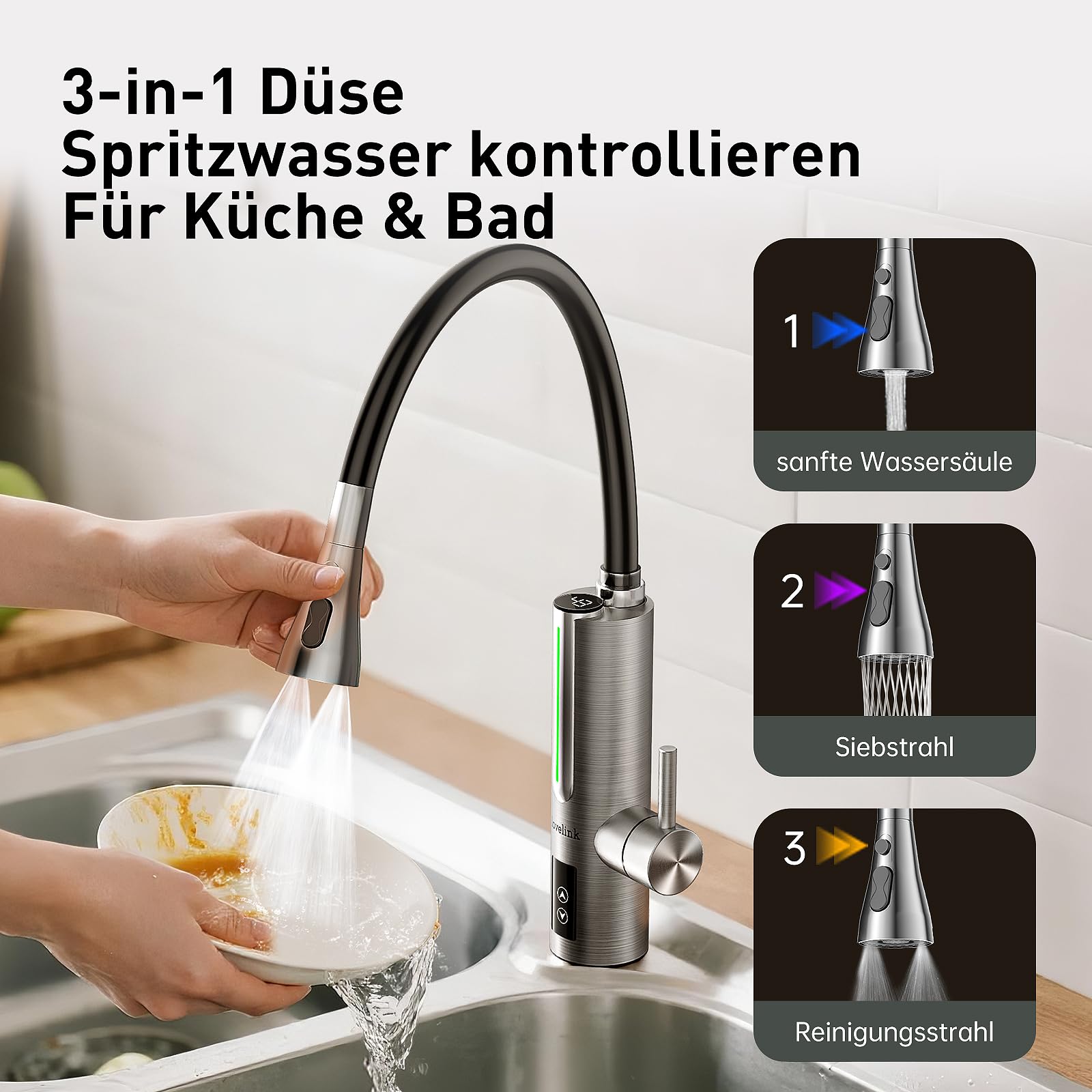 Lovelink Edelstahl Wasserhahn mit Durchlauferhitzer Touch-Temperaturregelung 360° Flexibler Schlauch Farbadaptiv LED Licht Elektrischer Durchlauferhitzer Wasserhahn für Küche/Bad/Balkon (Silber)