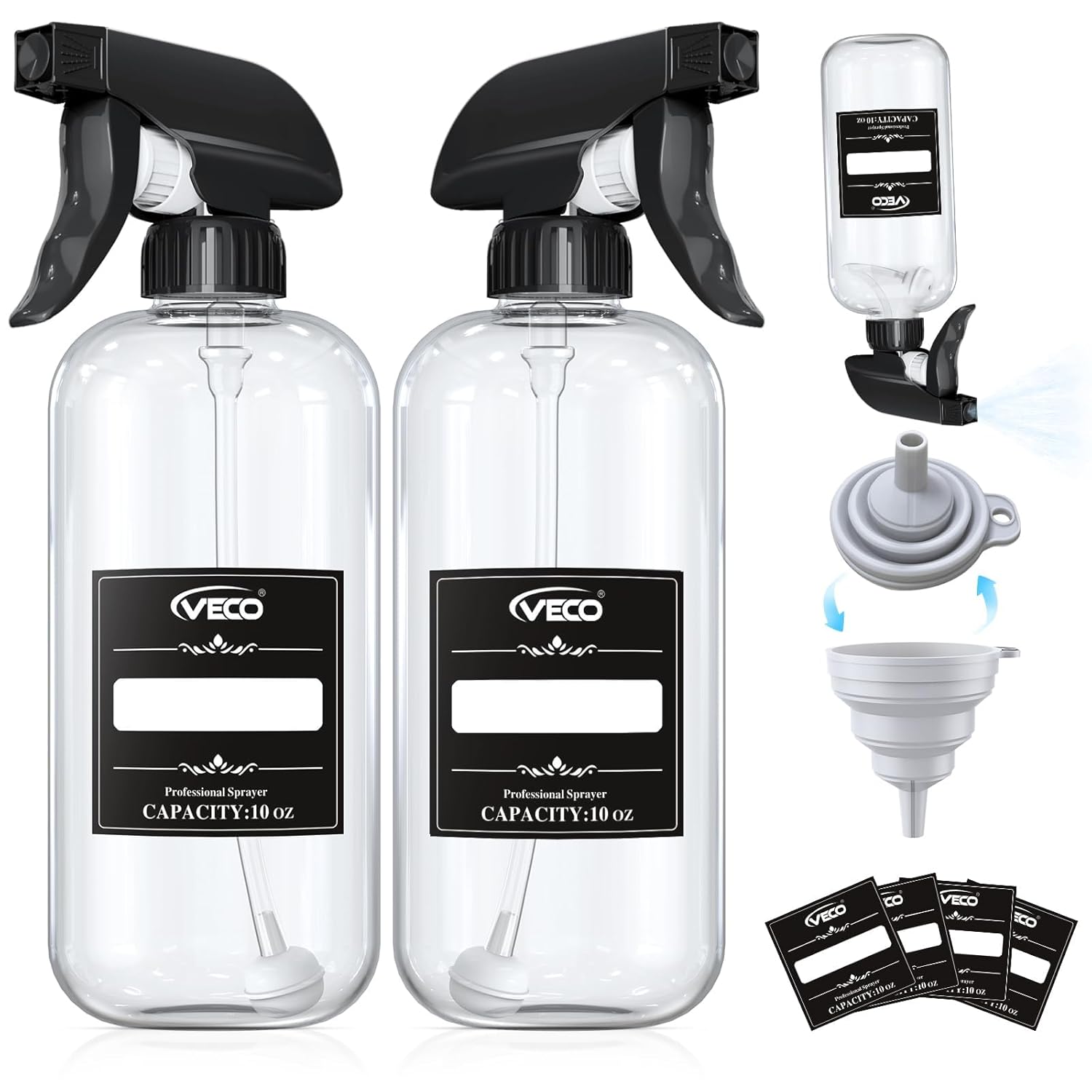 Veco 300mL 10oz 360 Spray Bottles 2-Pack Adjustable Nozzle Leak-Resistant spray bottles for Cleaning Plants Hair Pet Use