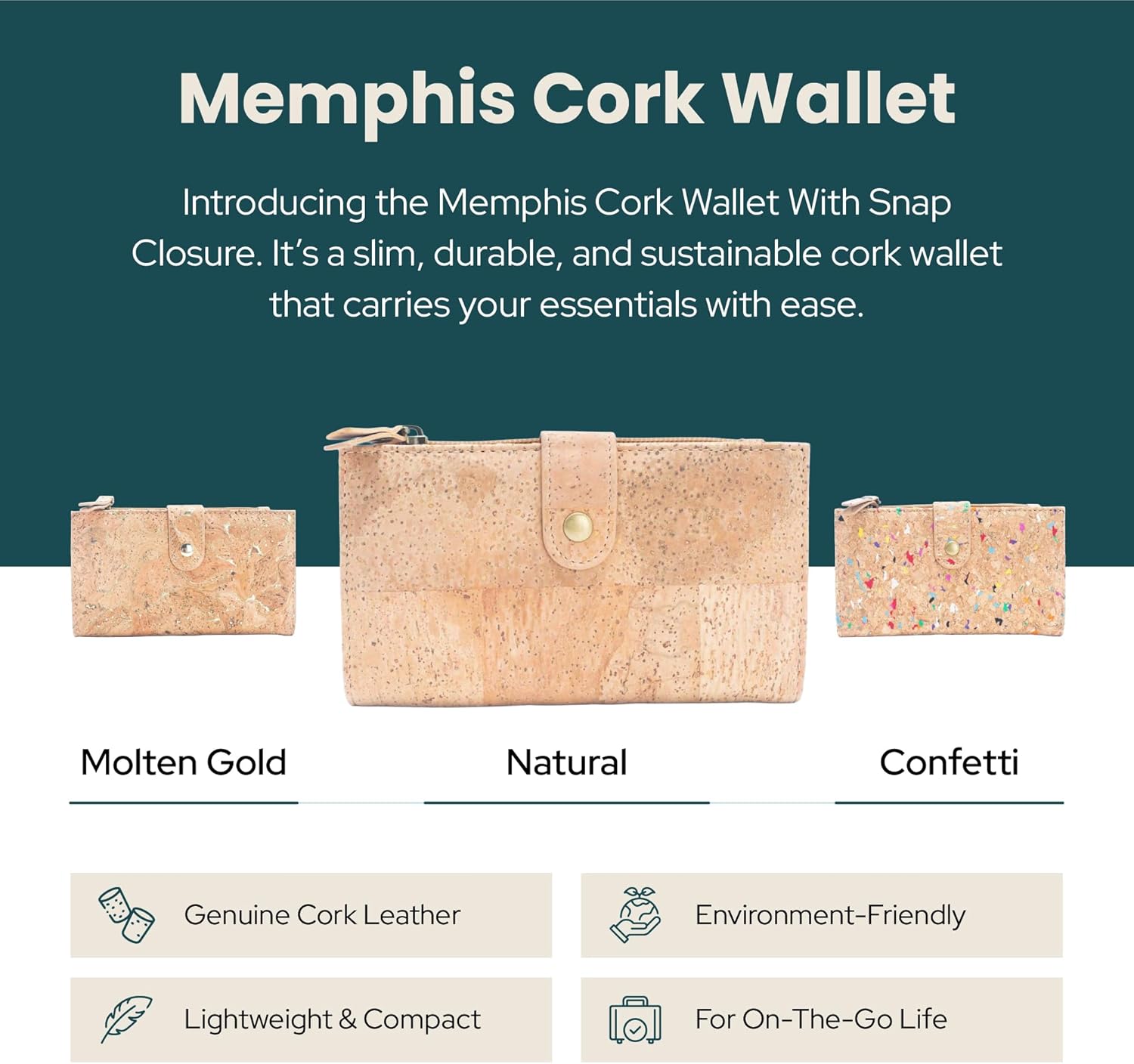 Slim Wallet for Women – Vegan Cork Leather Wallet with Coin Pocket, 7 Card Slots & ID Window – Lightweight Medium-Sized Wallet
