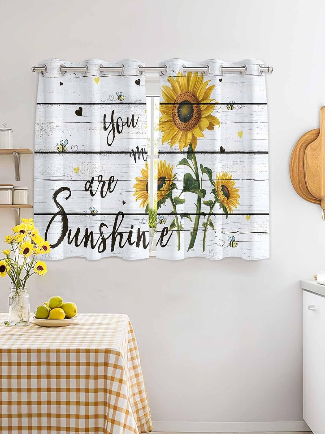 Bedroom Blackout Curtains You are My Sunshine Sunflower and Bee on Rustic Wooden Thermal Insulated Room Darkening Curtains for Living Room Grommet Blackout Window Curtains 2 Panels 40x63inch