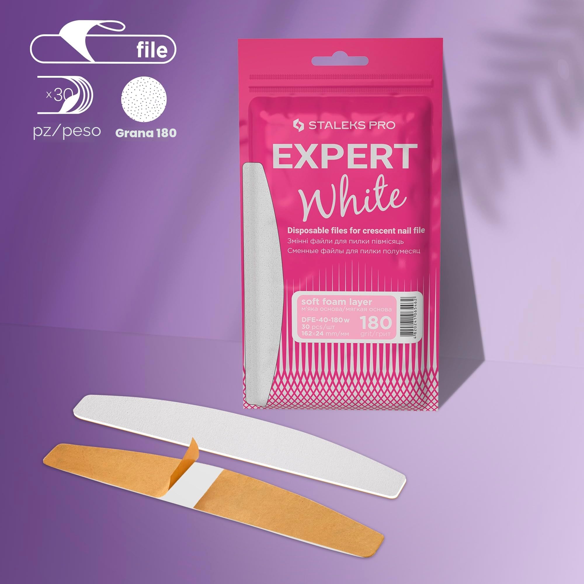 STALEKS PRO Expert 40 lime per unghie monouso con base in morbido poliuretano, autoadesive, bianche, 30 pezzi (grana 180)