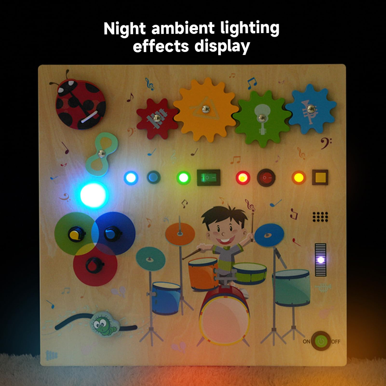 Fabater Sensorisches Holzbrett, 3 AAA-Batterien, Trommelmuster, Sensorisches Spielzeug mit LED-Leuchtschalter, Aktivitätsbrett aus Holz mit Feinmotorischer Entwicklung für Kleinkinder Im Frühstadium