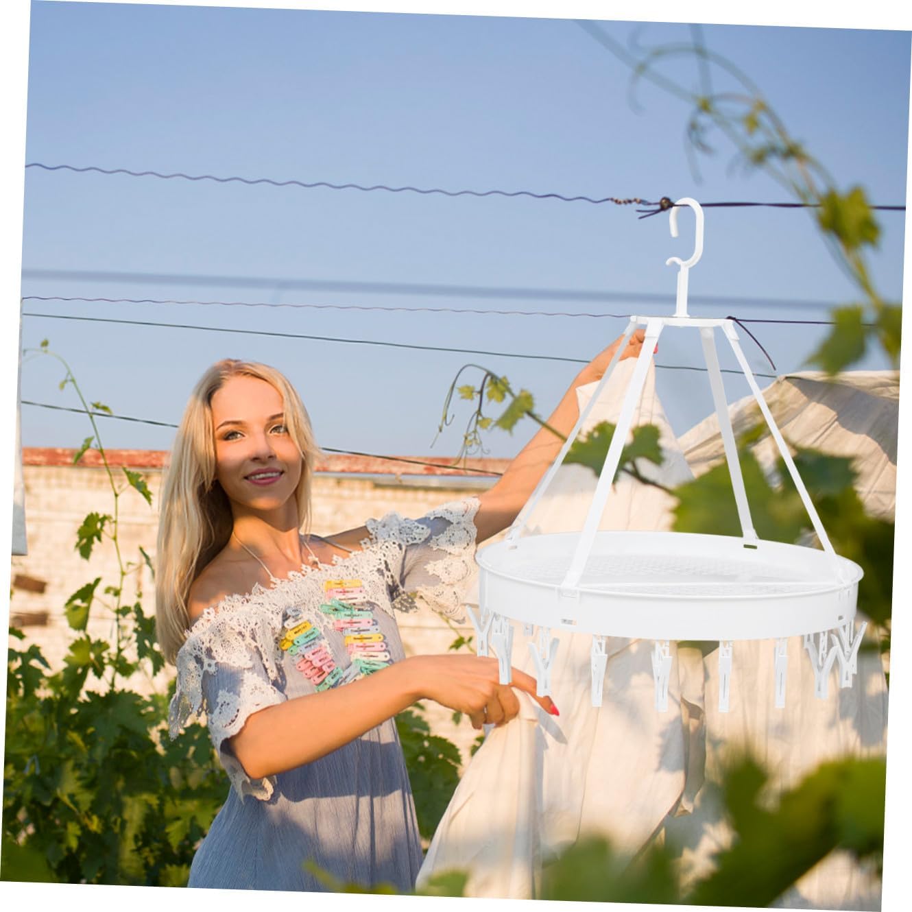 ARTIBETTER Foldable Clothes Drying Rack with 18 Clips for Bras and Socks, White Single-Layer Laundry Hanger, Windproof Design for Balcony and Indoor Use