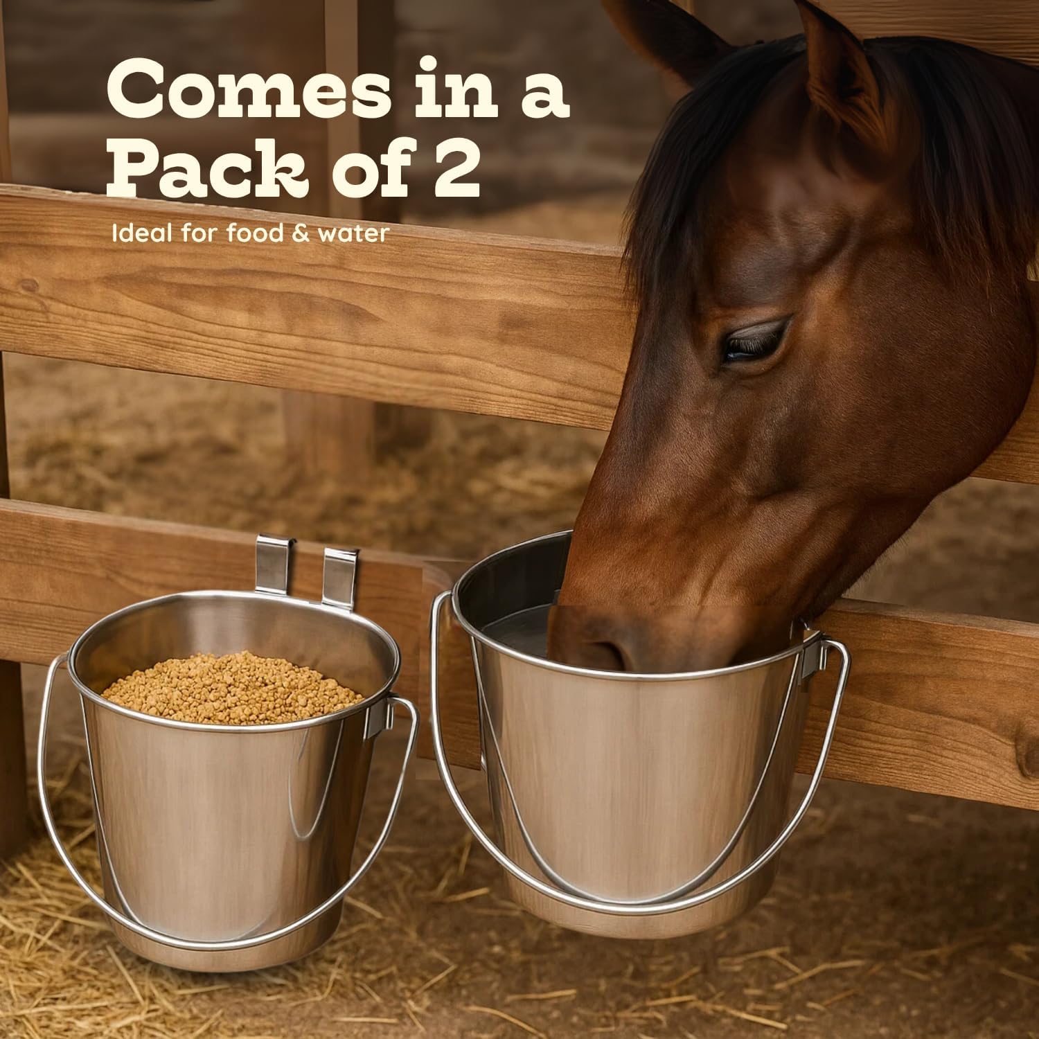 9 Quart Stainless Steel Flat Sided Bucket with Dual Hooks | 2 Pcs Food & Water Bowl for XL Dog Goat Cattle Horse & Livestock | Fits kennel Crate Cages Farm Hanging Pet Pail | Multipurpose