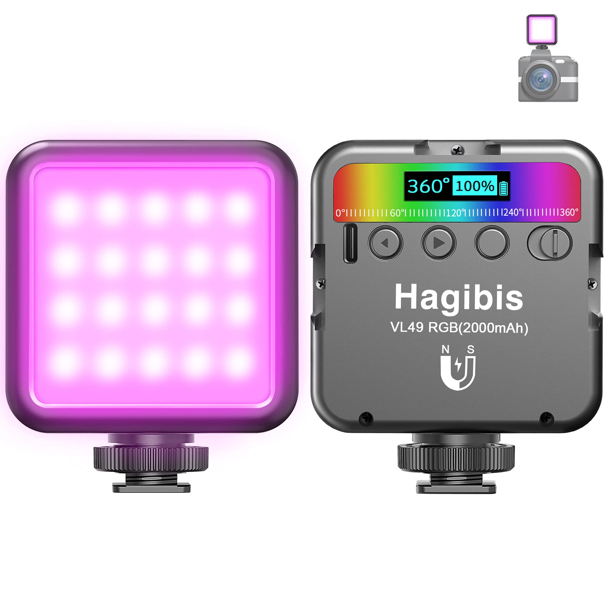 Hagibis RGB Video Light Portable LED Camera Lights 360° Full Color Photography Videography Lighting,Rechargeable 2000mAh 2500-9000K Dimmable 3 Cold Shoe Fill Light Panel Lamp with Magnet (RGB)