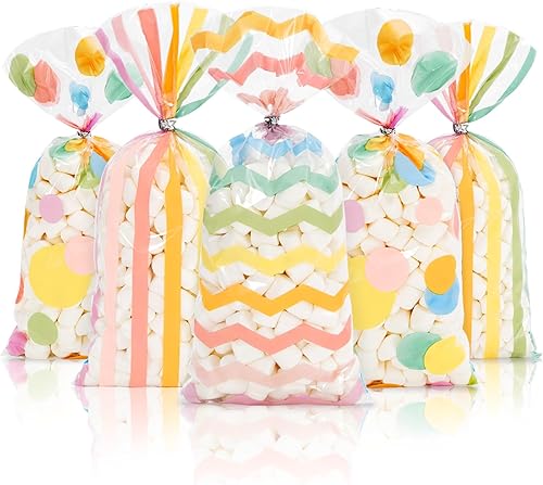 Whaline 160 bolsas de celofán primaveral, colores pastel, colores pastel, arco iris, rayas, bolsas de plástico para dulces con 200 lazos giratorios