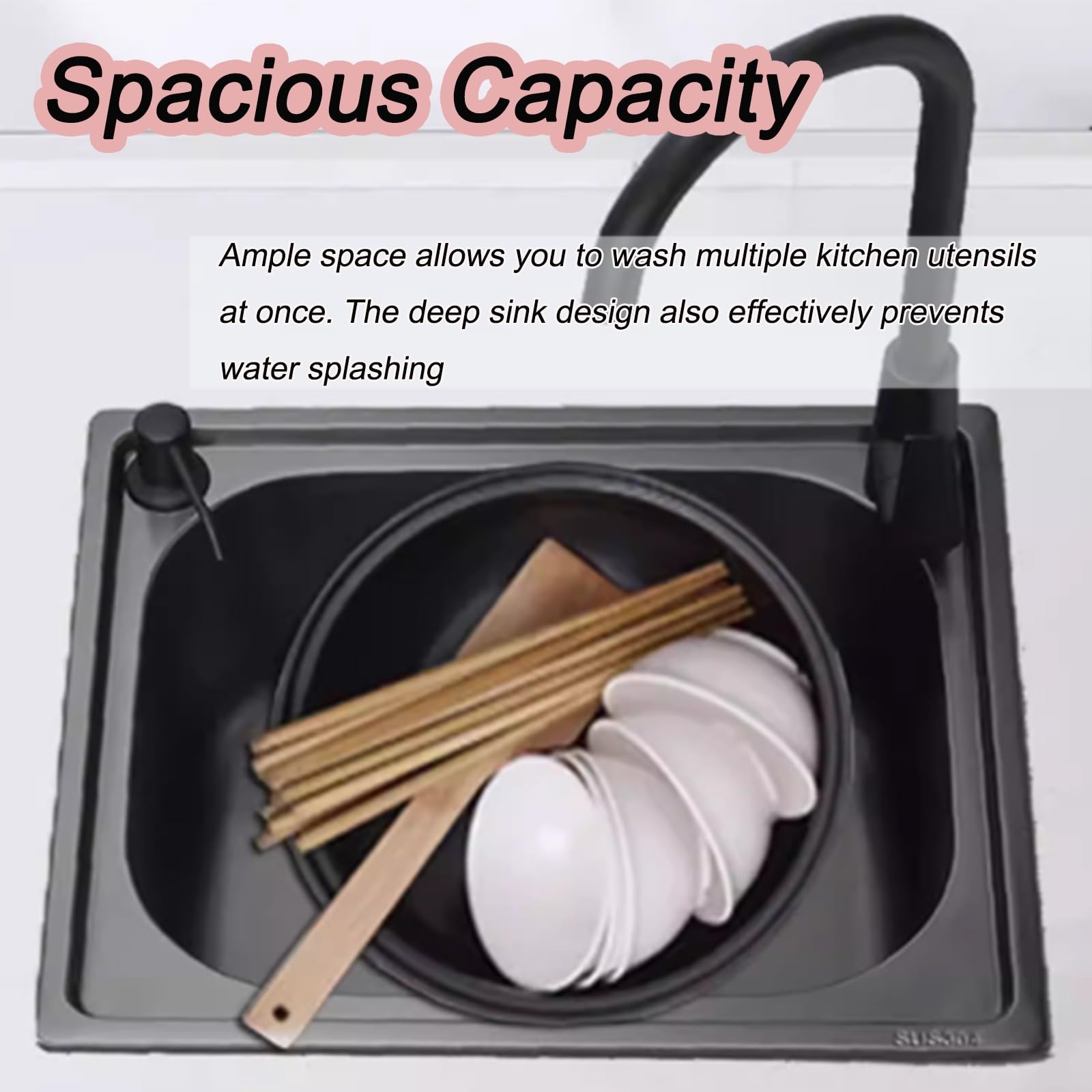 Fregadero Camper con Grifo de Agua Fría y Caliente, Fregadero Cocina de Acero Inoxidable Negro con Rejilla para Bar de Caravana o Autocaravana(48x35cm/18.9x13.7in)
