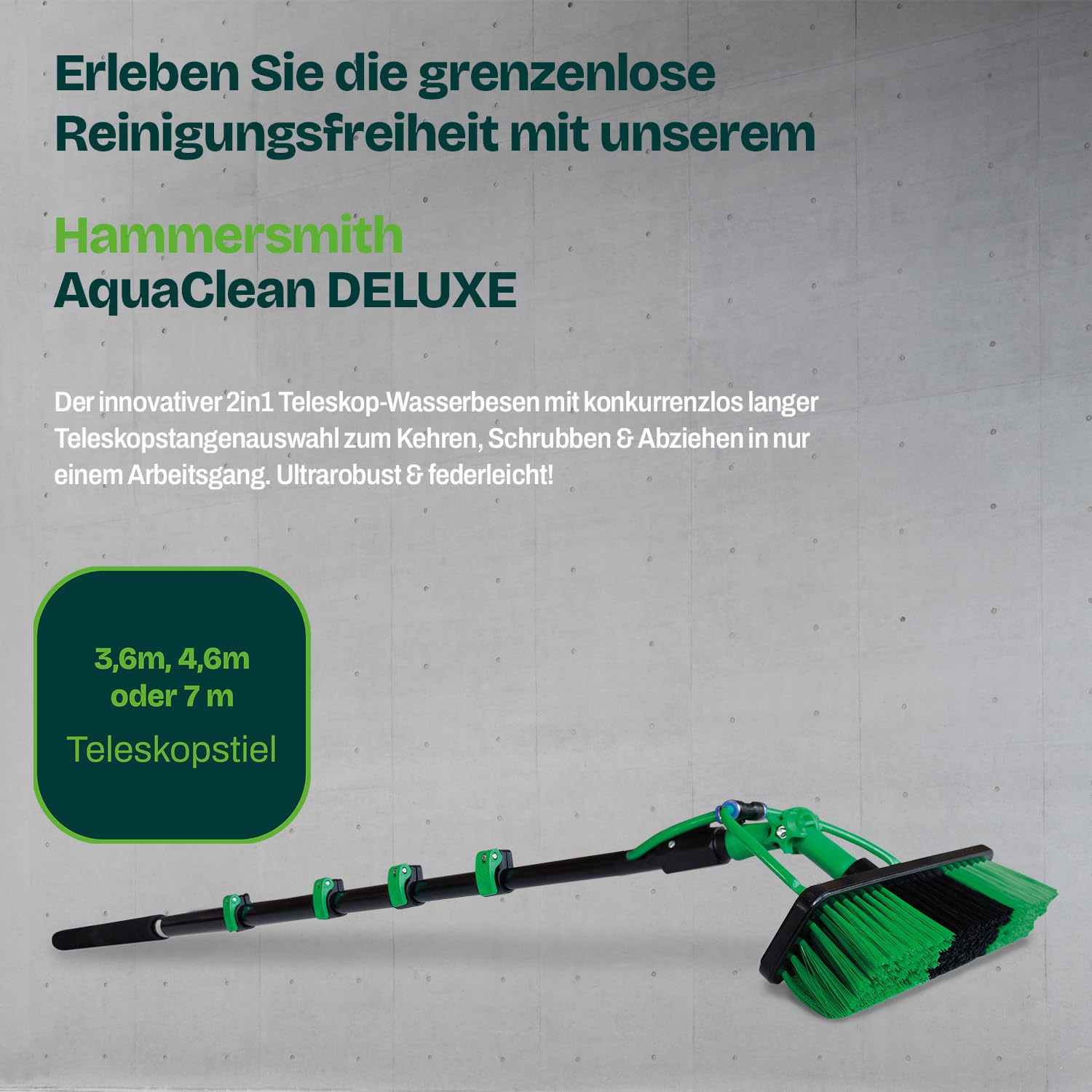 Hammersmith AquaClean Deluxe - Das Original aus dem TV - Besen mit Wasseranschluss - Waschbürste inkl. 3,6m Teleskopstiel - Wasserbesen - Fenster & Photovoltaik Reiniger
