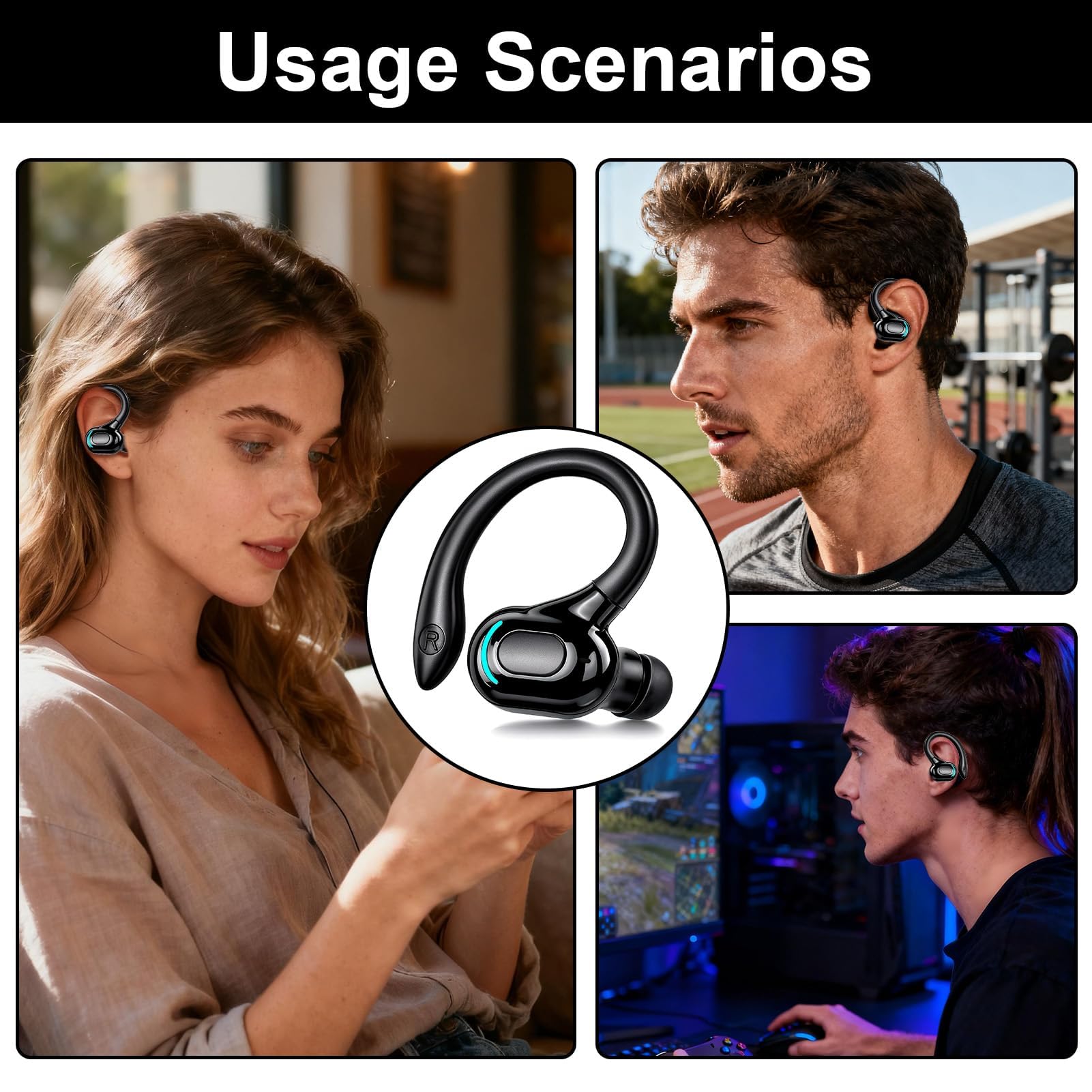Auricolare Bluetooth senza fili V5.2 con microfono integrato Auricolare Mono Giro Orecchino 360° 20h di Lettura per iPhone Android PC Desktop Guida Affari Sport Riduzione del Rumore (nero)