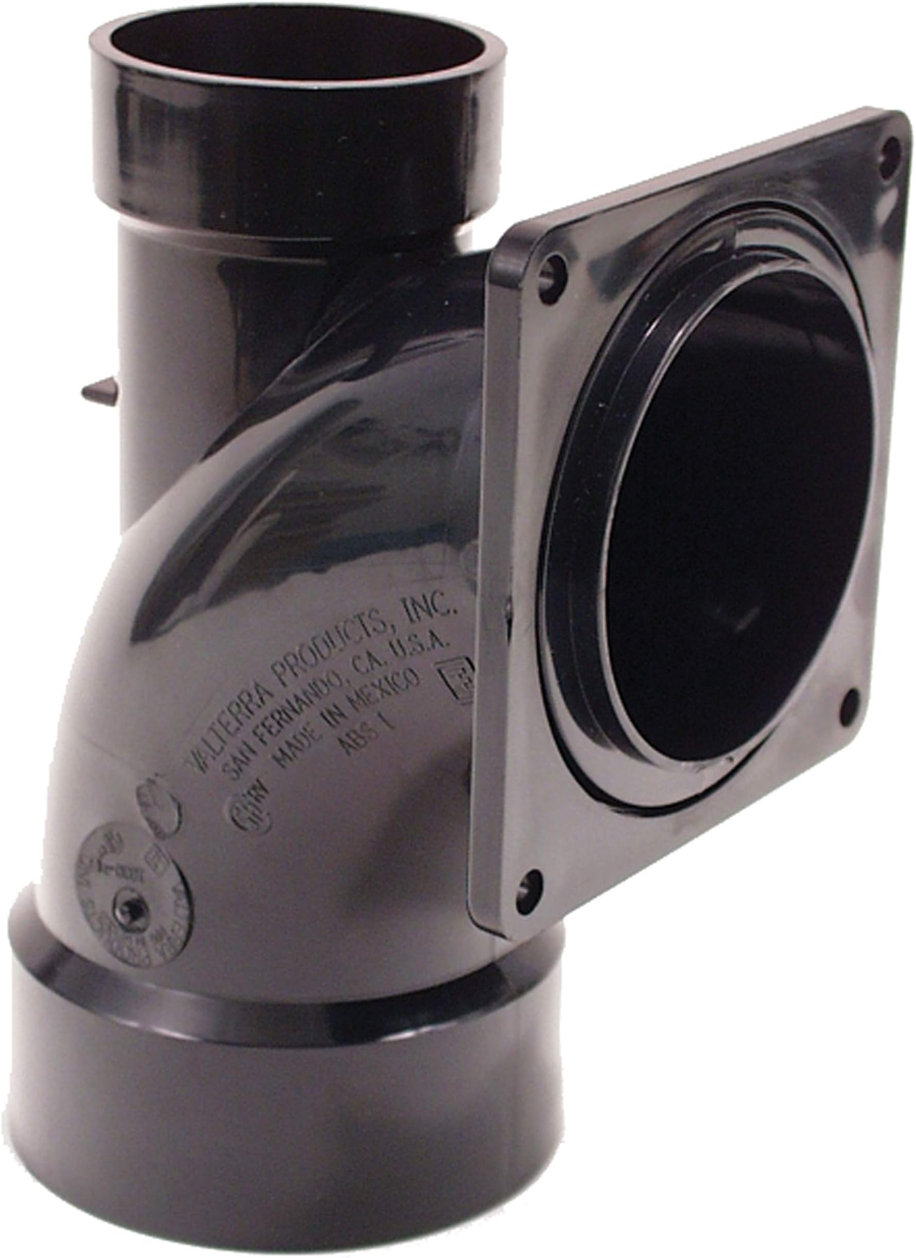 Valterra T1030-1 Flanged Valve Fitting - Heel Inlet 1/4 Bend, 3" Hub x 3" Rotating Flange x 2" Hub , Black
