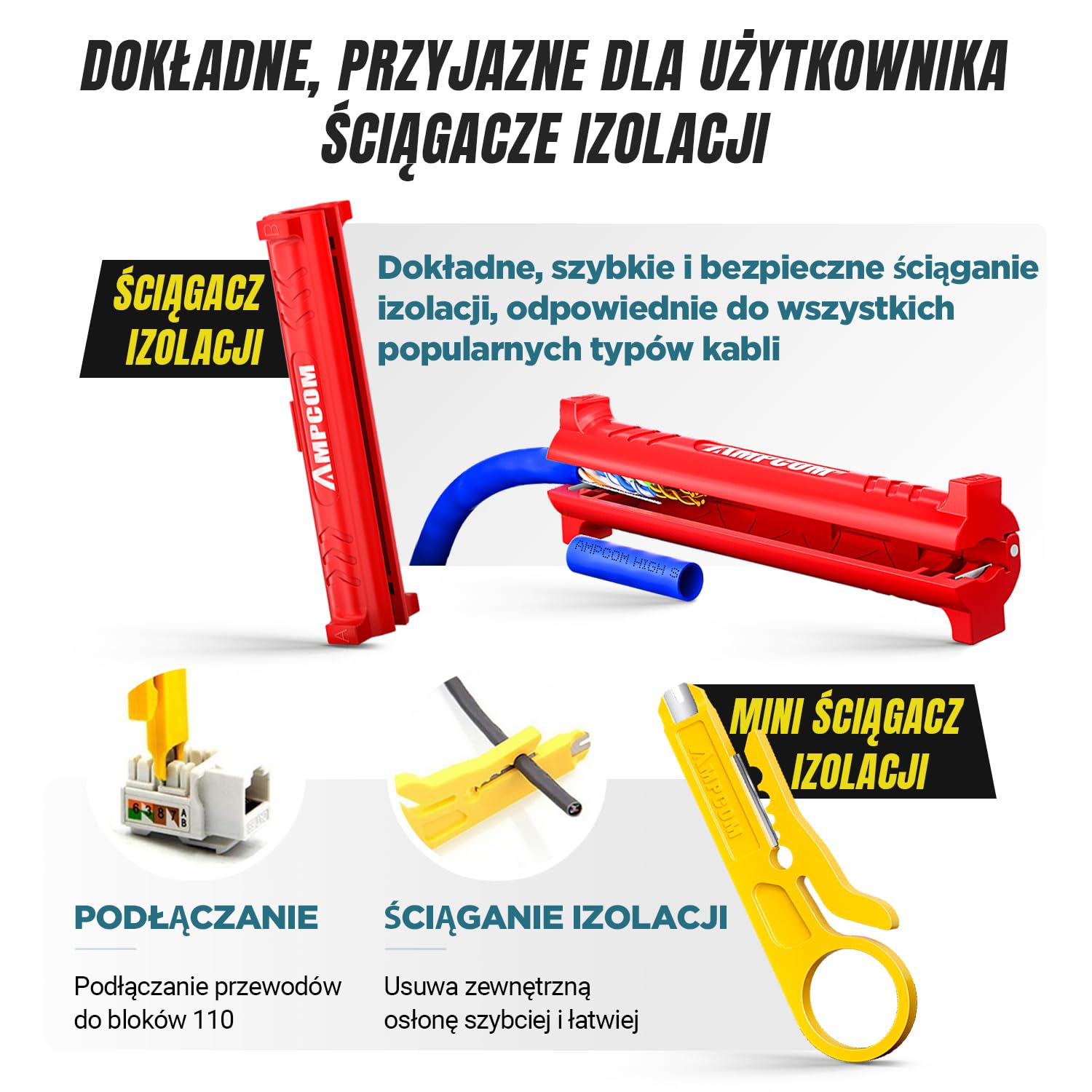 AMPCOM Zestaw narzędzi do zaciskania Ethernet 7 w 1 RJ45/RJ11 zestaw narzędzi sieciowych do złączy Cat6/Cat5e/Cat5 RJ45 ze 110 narzędziami do ściągania izolacji w przenośnej wodoodpornej torbie
