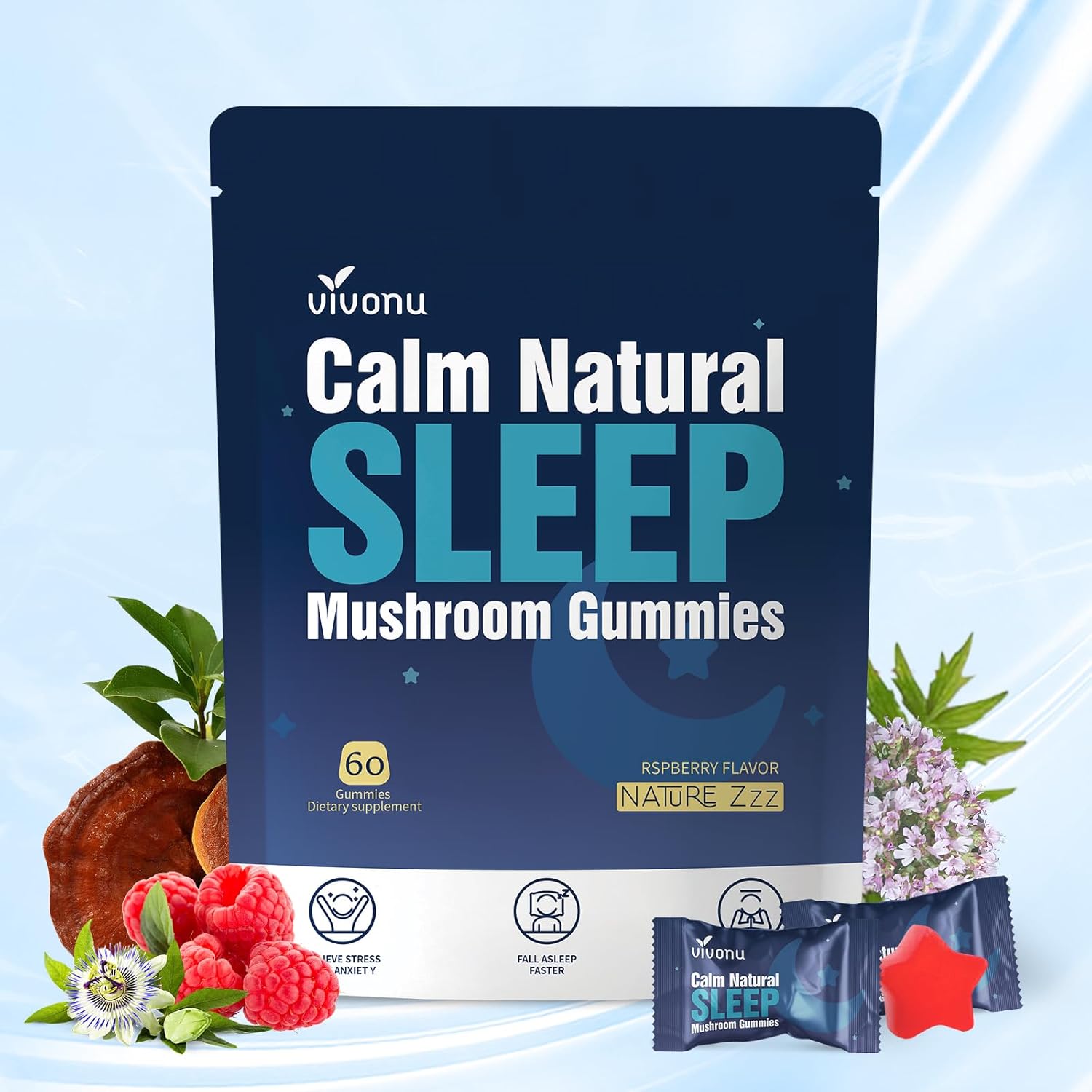 Sleep Gummies Melatonin Free with L-Theanine, Magnesium, Reishi Mushroom,Valerian Root, Passionflower | Non-Habit Forming Sleep Aid | Non-GMO Sleep Gummies for Adults | Raspberry Flavor (60pcs)