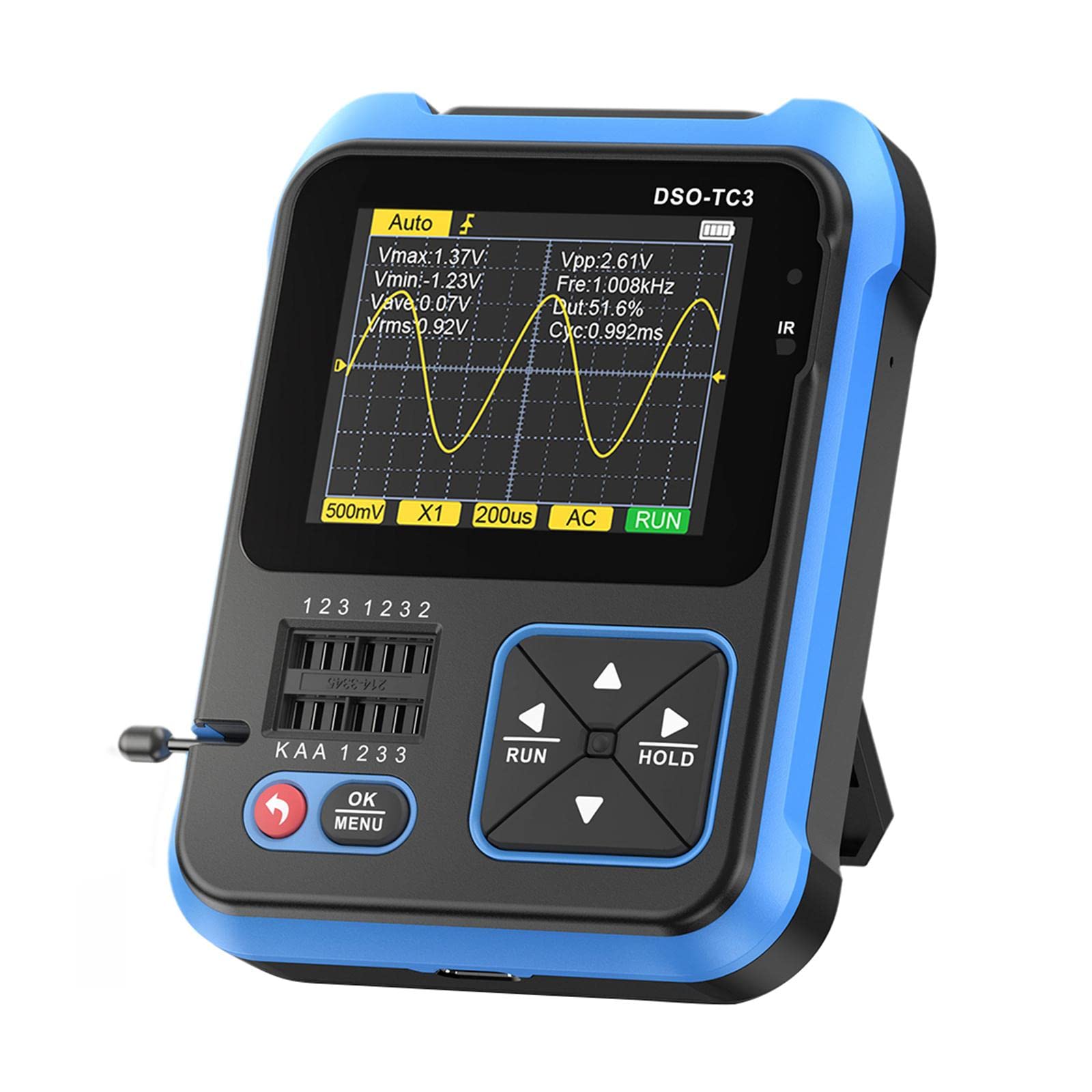 Probador de transistor digital de 2,4 pulgadas de ancho de banda de 500 kHz, osciloscopio portátil, mini osciloscopio recargable USB, salida rectangular PWM, osciloscopio portátil 3 en 1