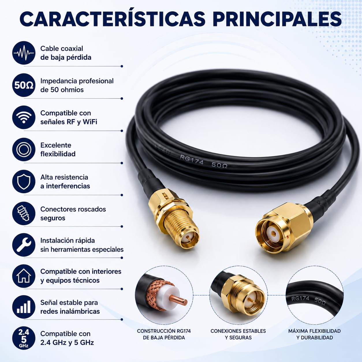 CABLEPELADO Cavo Antenna di Prolunga RP-SMA a SMA Maschio/Femmina - Bassa Perdita per WiFi, Scheda di Rete Wireless PCIE Mini PCI Express - 2 Metri