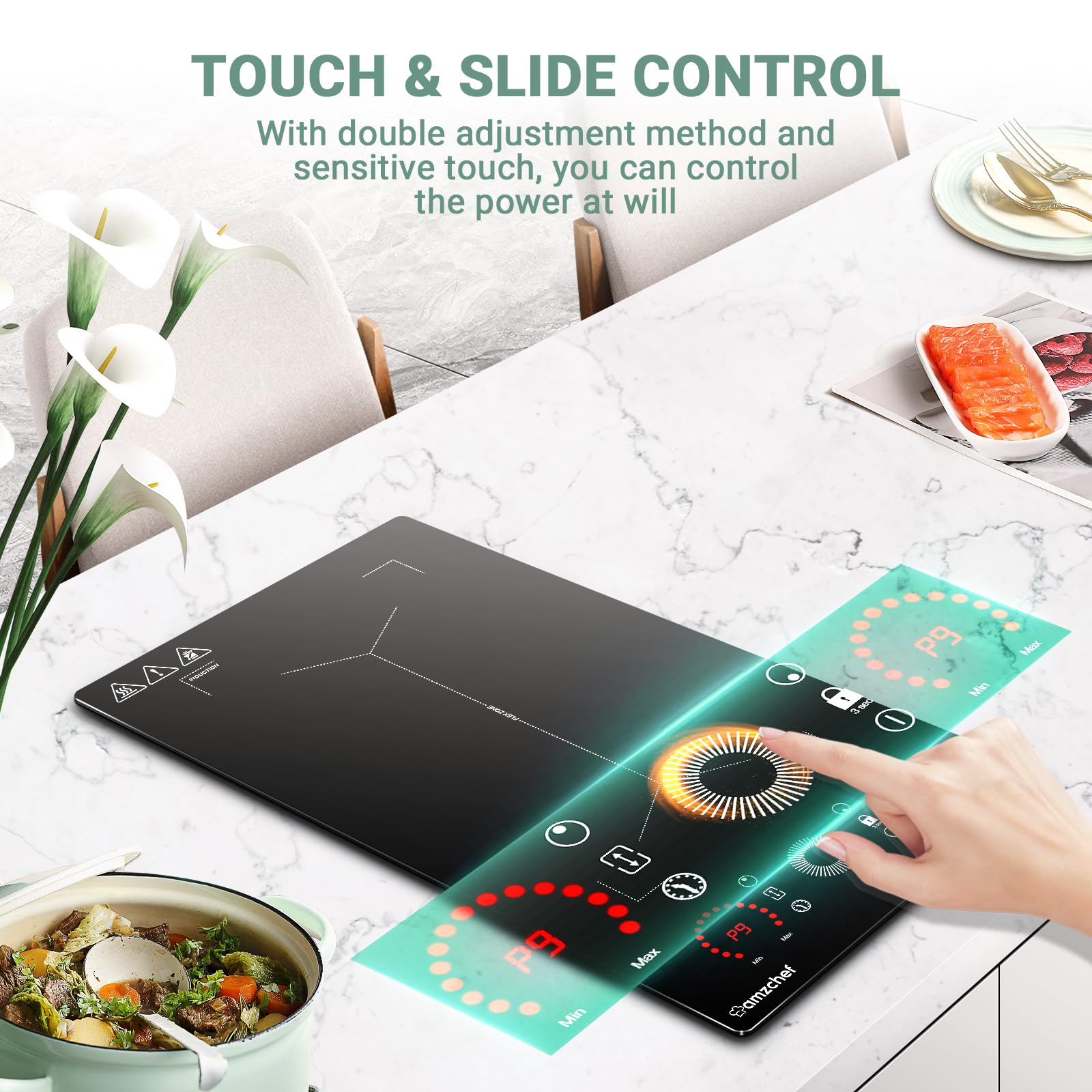 AMZCHEF Piastra a Induzione 2 Fuochi, Piano Cottura Induzione con Flex zone con 9 Livelli di Potenza, Riscaldamento Intermittente, Serrature di sicurezza e timer,Controllo Touch Slide,3300W,Nero