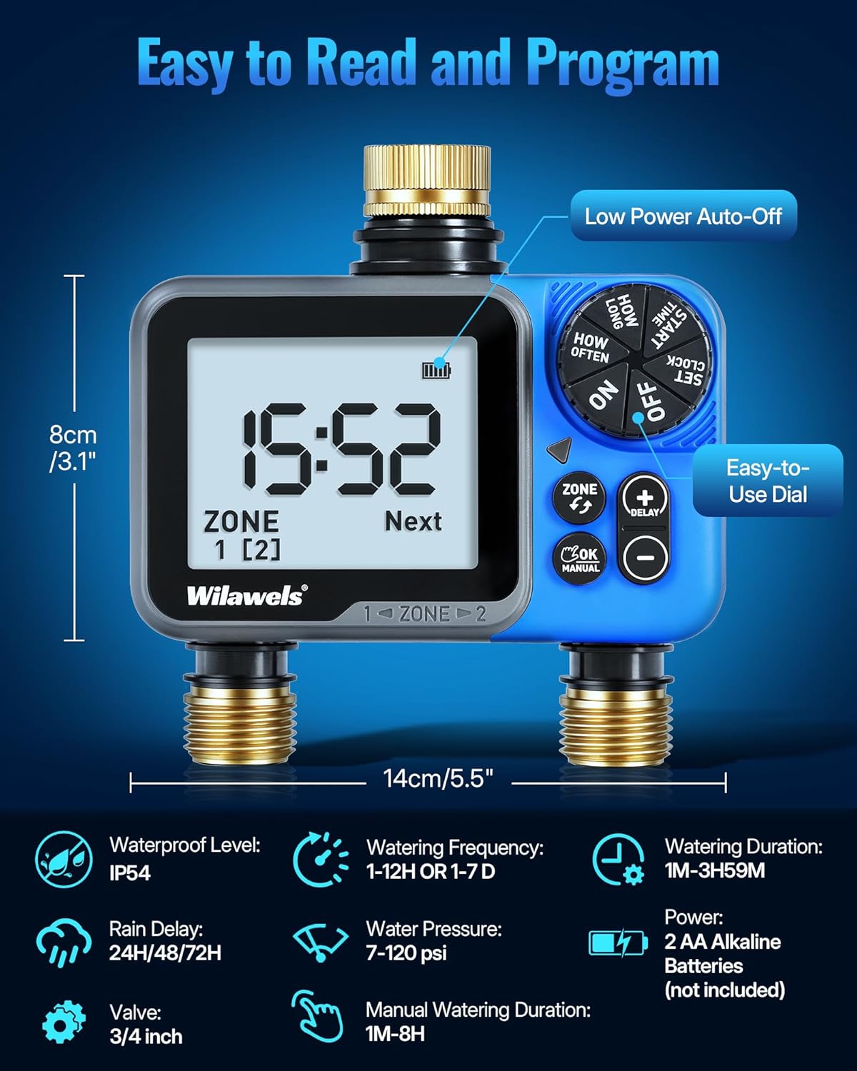 Brass Water Timer for Garden Hose, 2 Zone Sprinkler Timer, Automatic Irrigation System/Rain Delay/Manual Watering, Programmable Watering for Lawn, Yard, Drip Irrigation C92WT06
