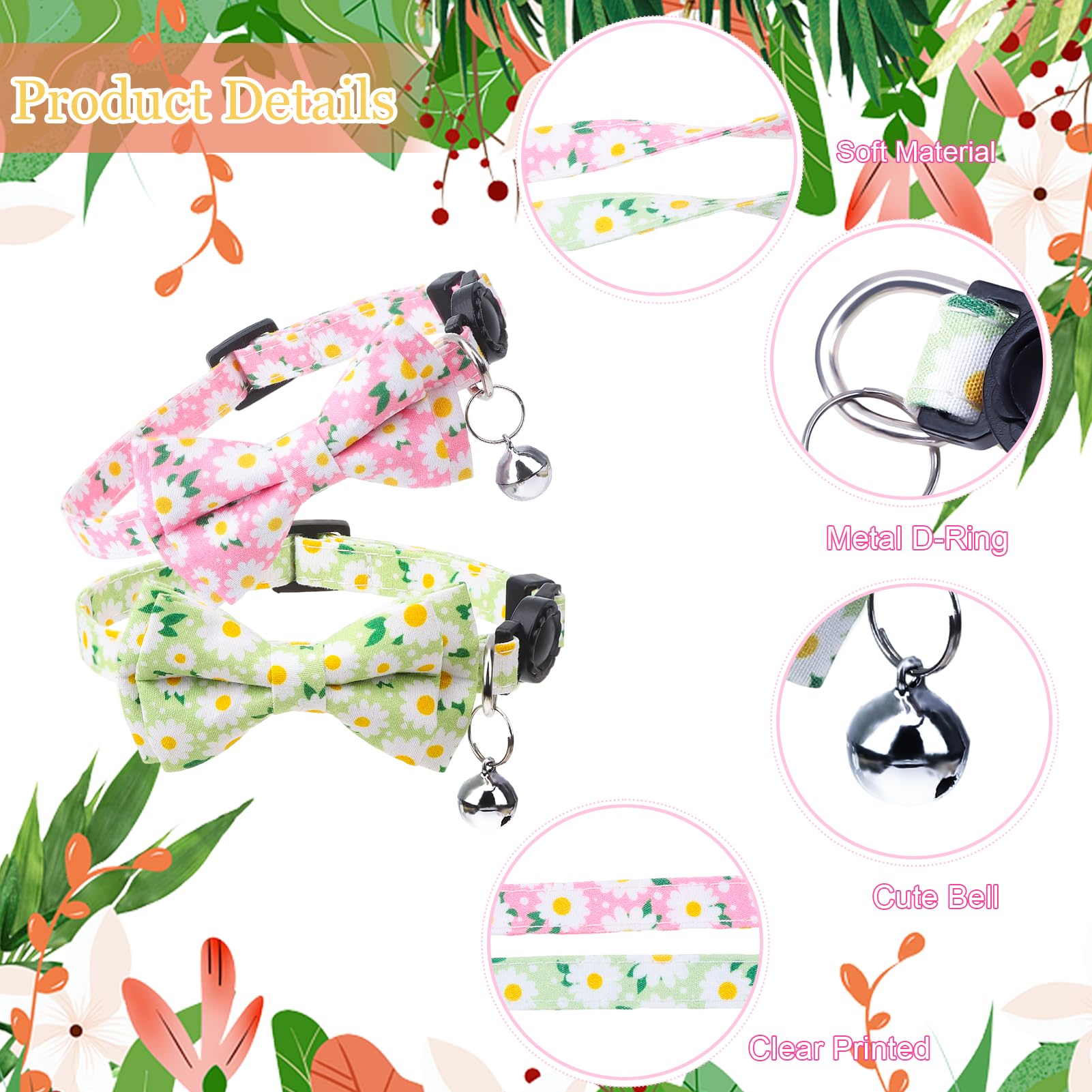 4 collares de gato separables con pajarita y campana, collar floral para gatito con pajarita extraíble, collares de seguridad ajustables para niñas y gatos