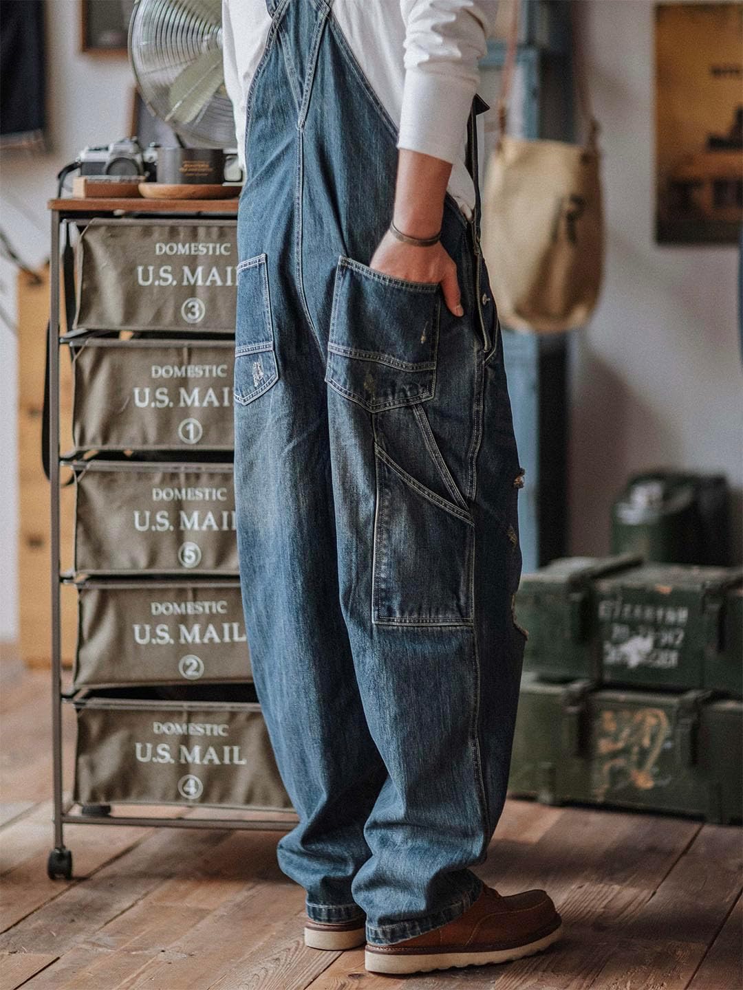 MADEPANTS Men's Distressed Denim Bib Overalls with Hammer Loops