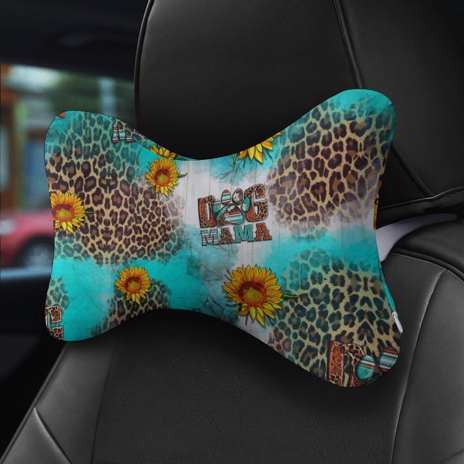 SMAZDFXX Sunflower Leopard Dog Mama Car Neck Pillow Set of 2 Car Seat Head Support Cushion Bone Pillows with Elastic Strap