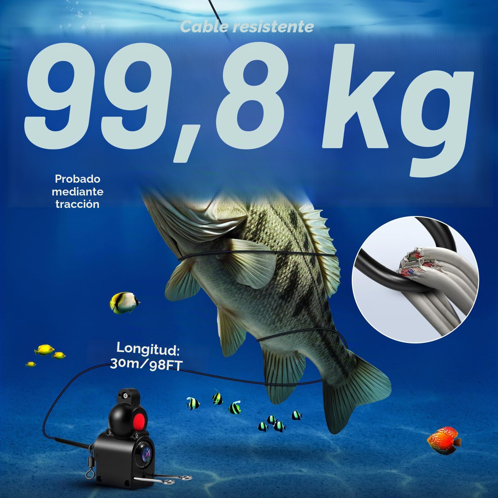 Sonda de Pesca Portátil, Cámara Subacuática de Pesca con Pantalla IPS 4,3" y Cable 30m, Visión Nocturna Infrarroja Gran Angular, IP67 Impermeable, para Pesca en Mar, Lago, Río y Hielo
