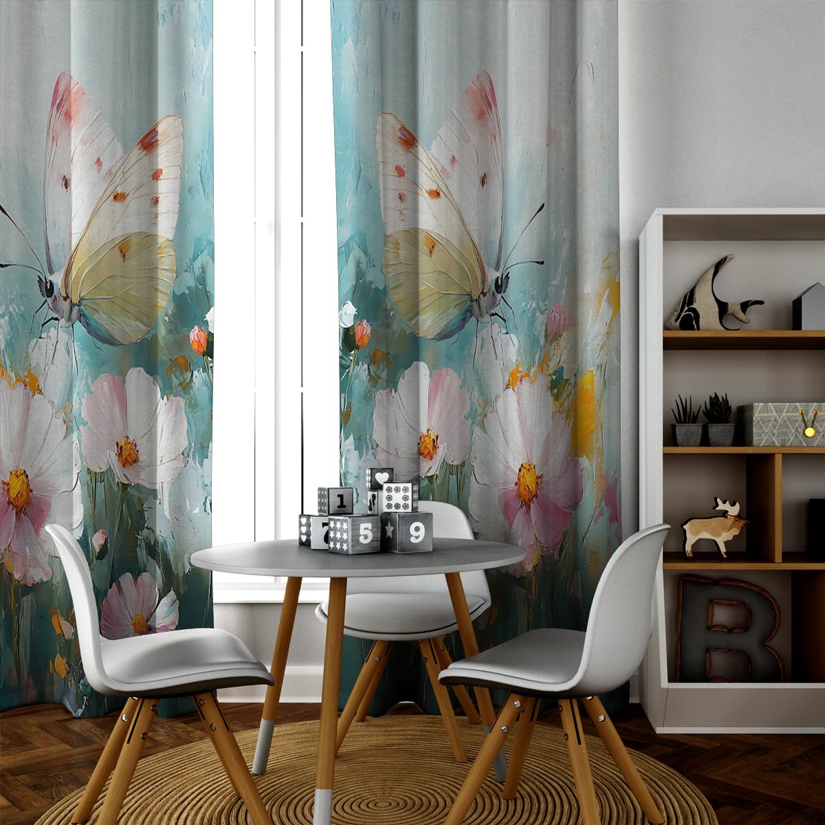 Aquarell Schmetterlingsblume Verdunkelungsvorhänge Natur Ölgemälde Stil Fenstervorhänge Wärmeisolierter Raum Verdunkelnde Ösenvorhänge 2 Vorhänge (je W140xL260cm)