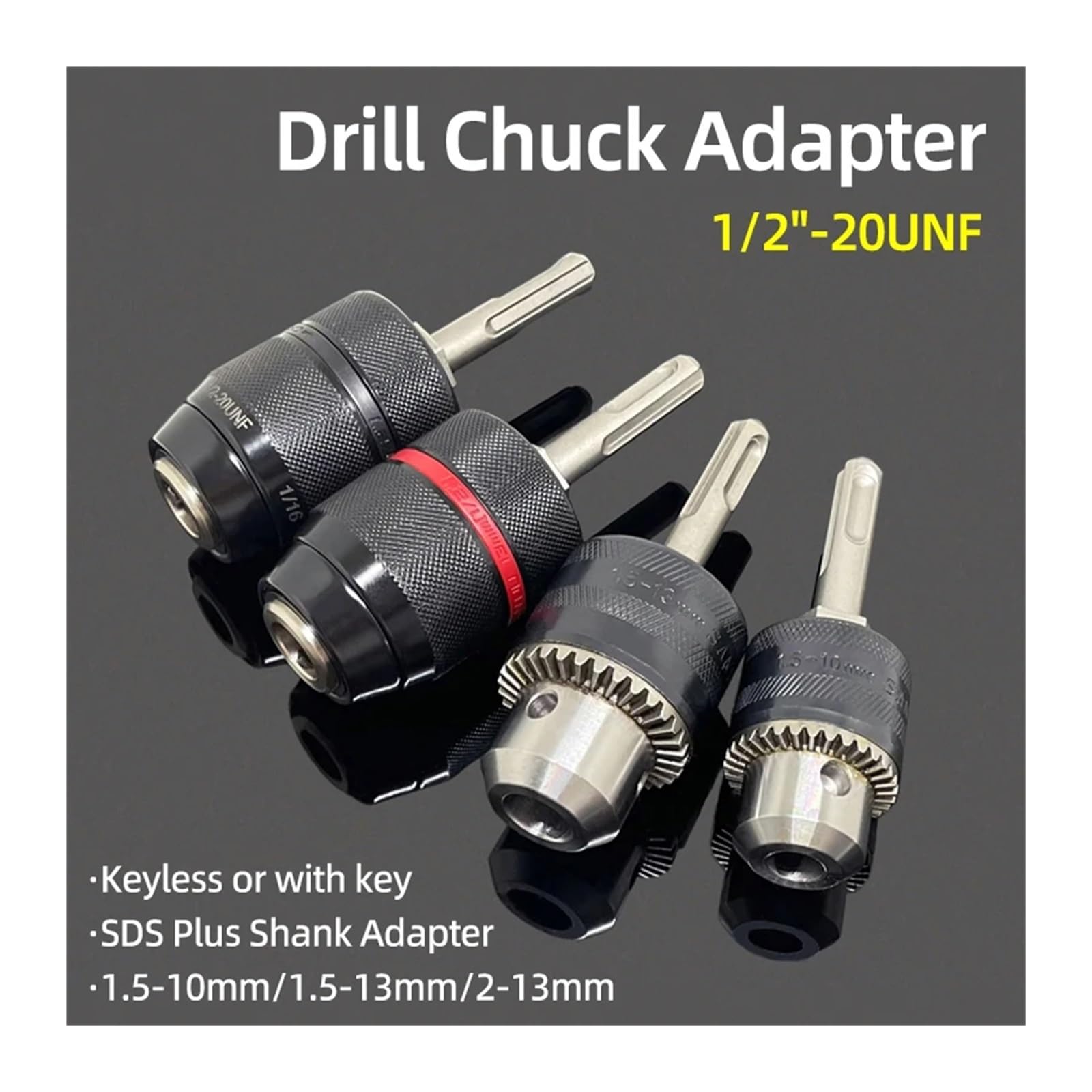 Mandrin de perceuse 2-13MM/1.5-10MM SDS Plus, adaptateur tige, filetage 1/2 "-20UNF, convertisseur changement, outils sans clé for embouts tournevis((D) 1.5-13mm Metal)