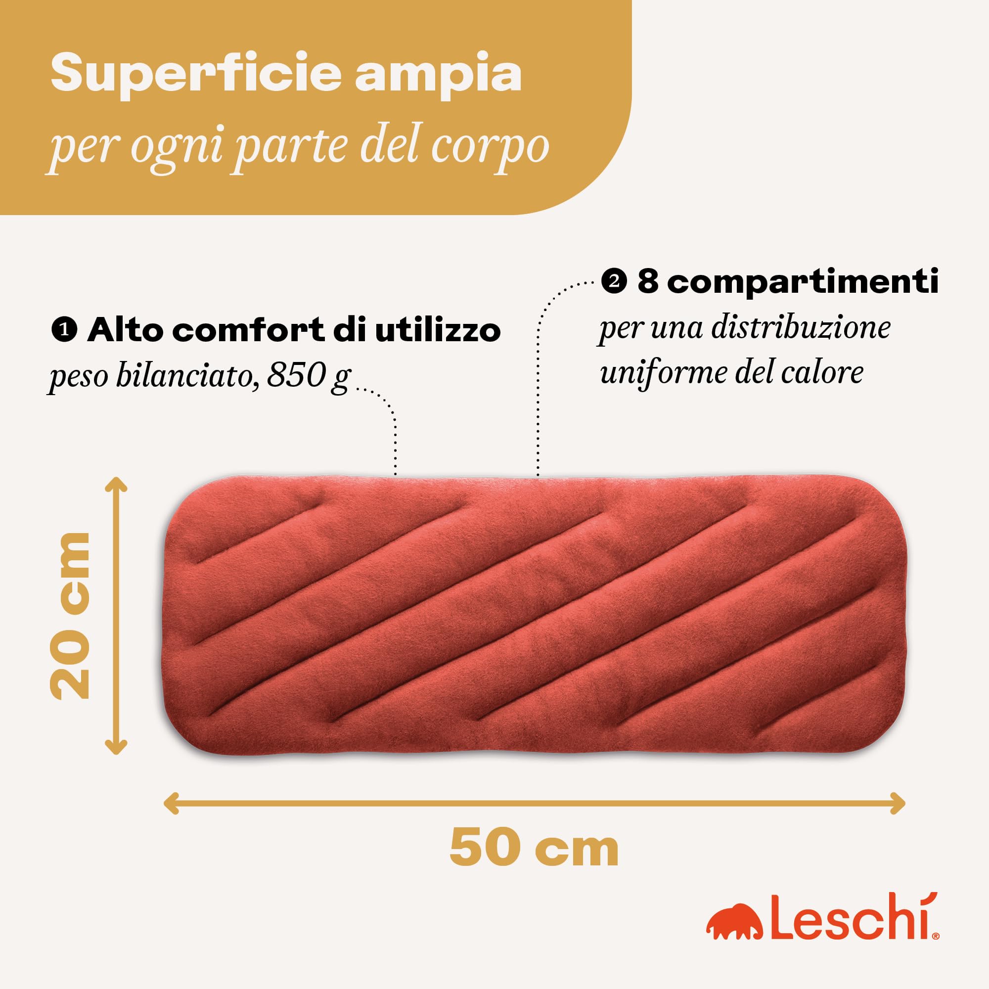 LESCHI XXL Cuscino termico per microonde (50x20cm) - In cotone bio con grano biologico - Cuscino riscaldante a 8 camere - Ideale come fonte di calore per cervicale, spalla, schiena, collo - rosso