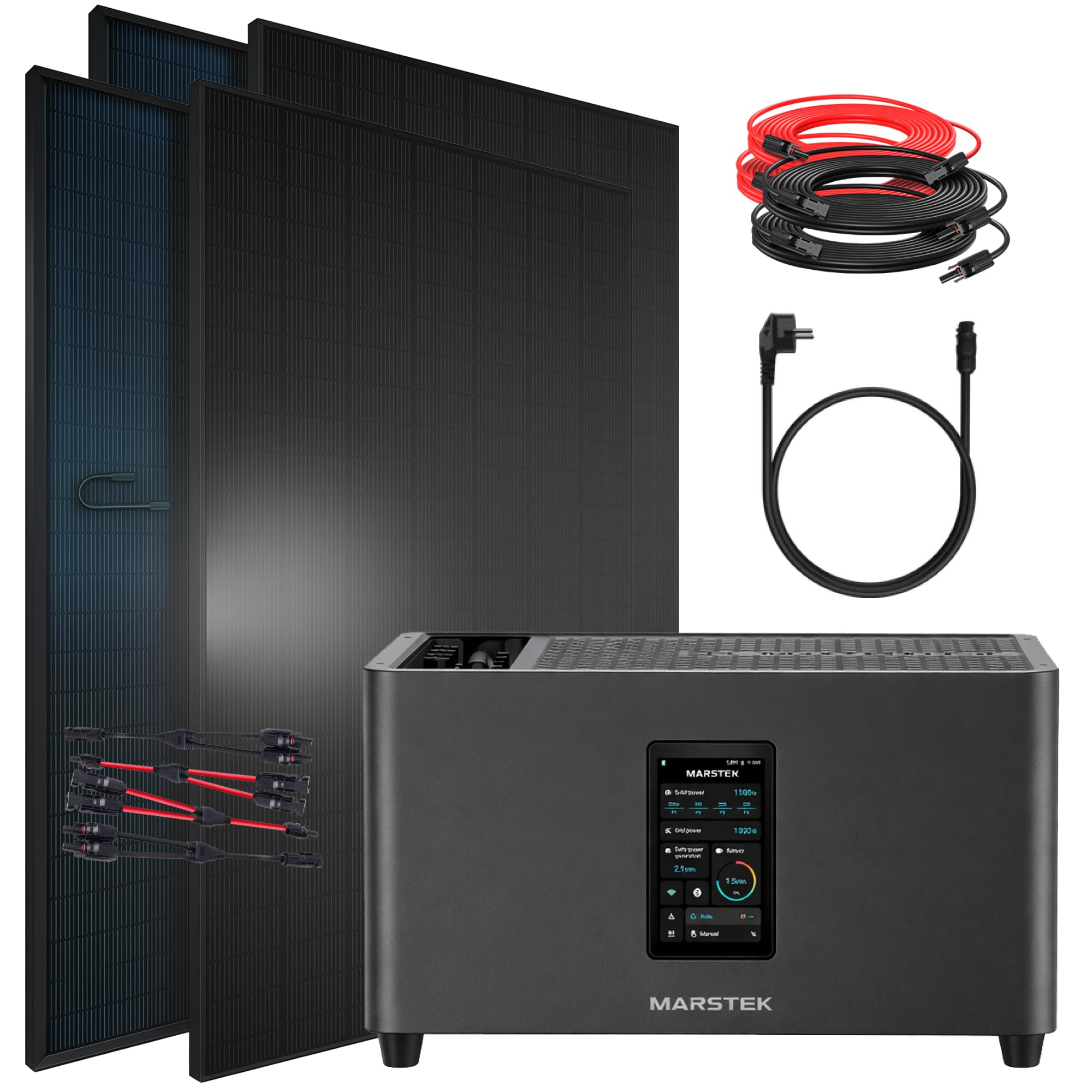 SUNNIVA® 1840W Balkonkraftwerk mit 2,56 kWh Speicher MARSTEK Jupiter C + Plus, BIFAZIAL FULLBLACK komplett Steckdose, PV Solaranlage Komplettset mit Solarspeicher, 4x 460W N-Type Glas-Glas Bifacial