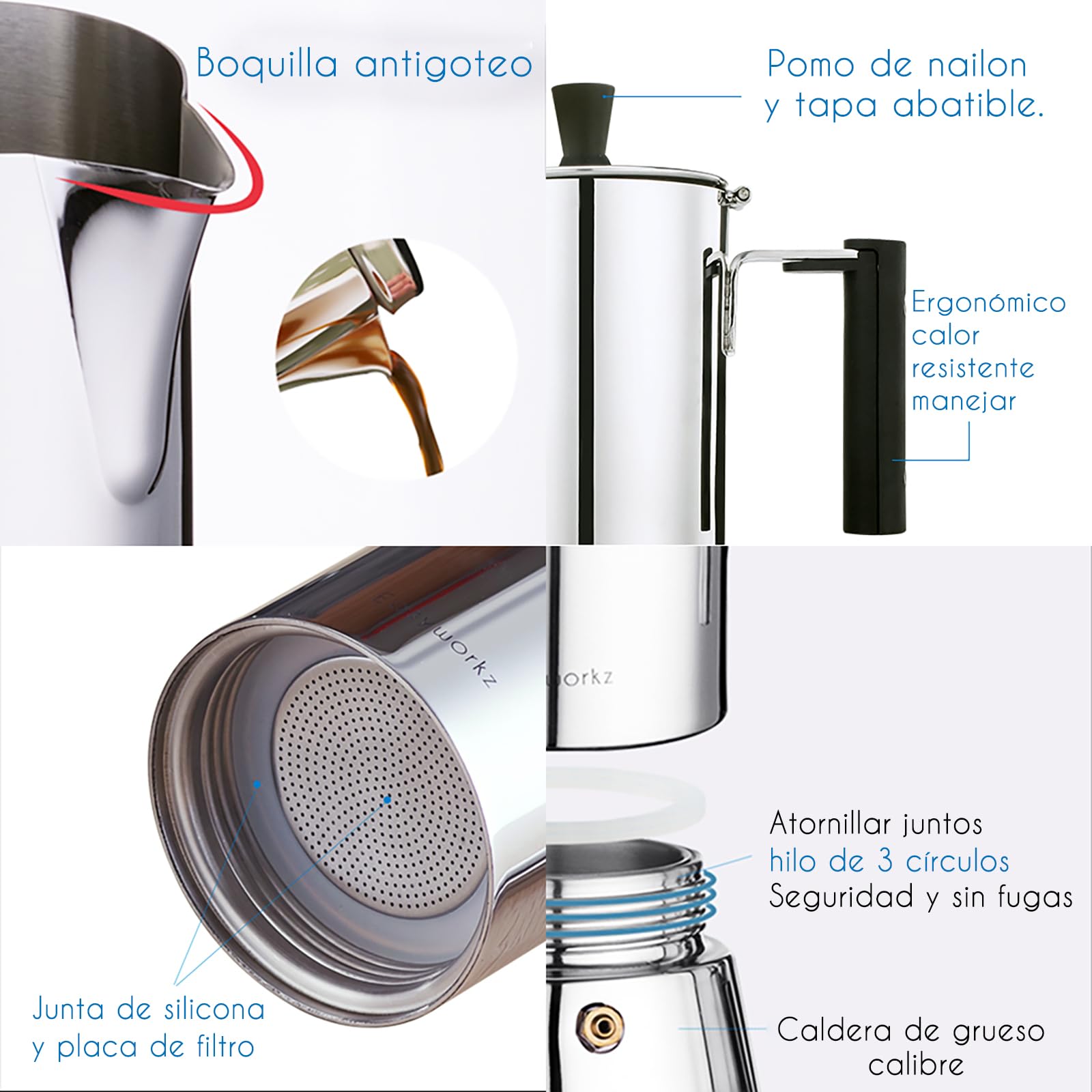 Easyworkz Pedro Cafetera Italiana de Acero Inoxidable para Cocina de inducción,300 ml, 4-6 Tazas