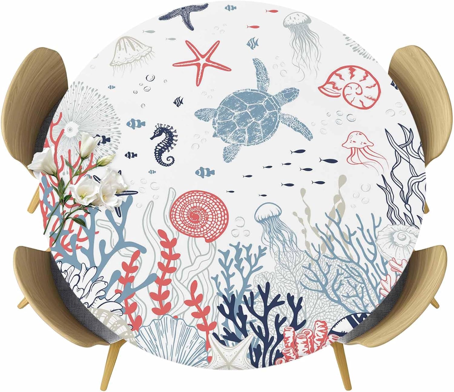 SEVENBABU Round Table Cover 36"-44", Waterproof Reusable Table Cloth Round Fitted Vinyl Tablecloth with Elastic Edged for Outdoor Party,Summer Ocean Turtle Coral Seagrass Theme White Table Cover