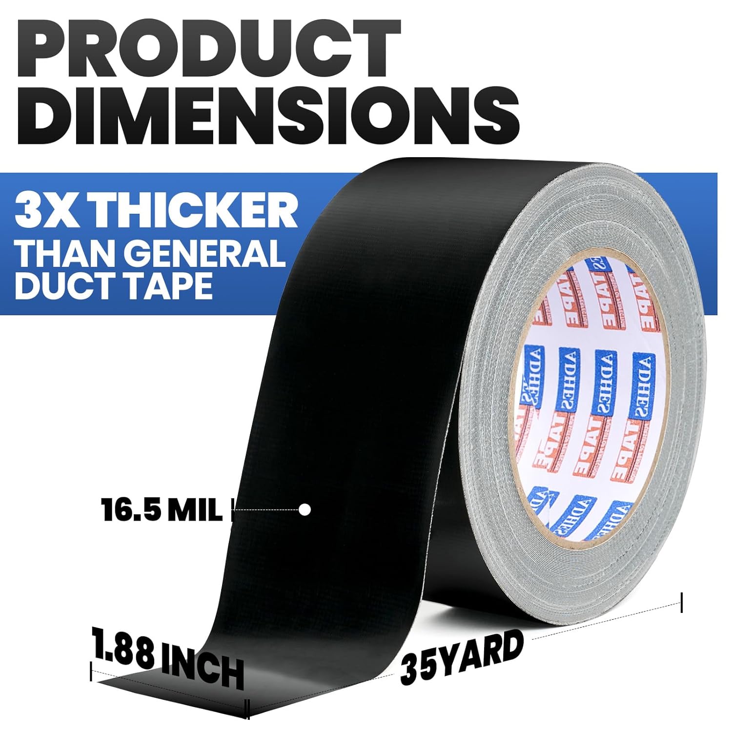 ADHES Black Duct Tape: 16.5 Mil Extra Thick- 1.88 Inch x 105 Feet (35YD) All Weather Heavy Duty Adhesive- Waterproof Duck Tape for Indoor & Outdoor Repairs,Industrial & Home Use
