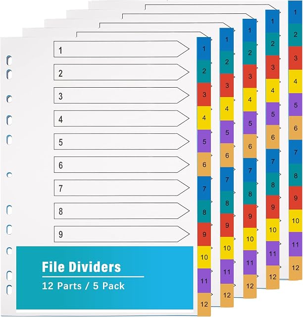 A4 Wide Colour Tabs 5 PackFile Dividers Coloured Mylar Multi Colours 1-12 Multipurpose Porous Index Dividers