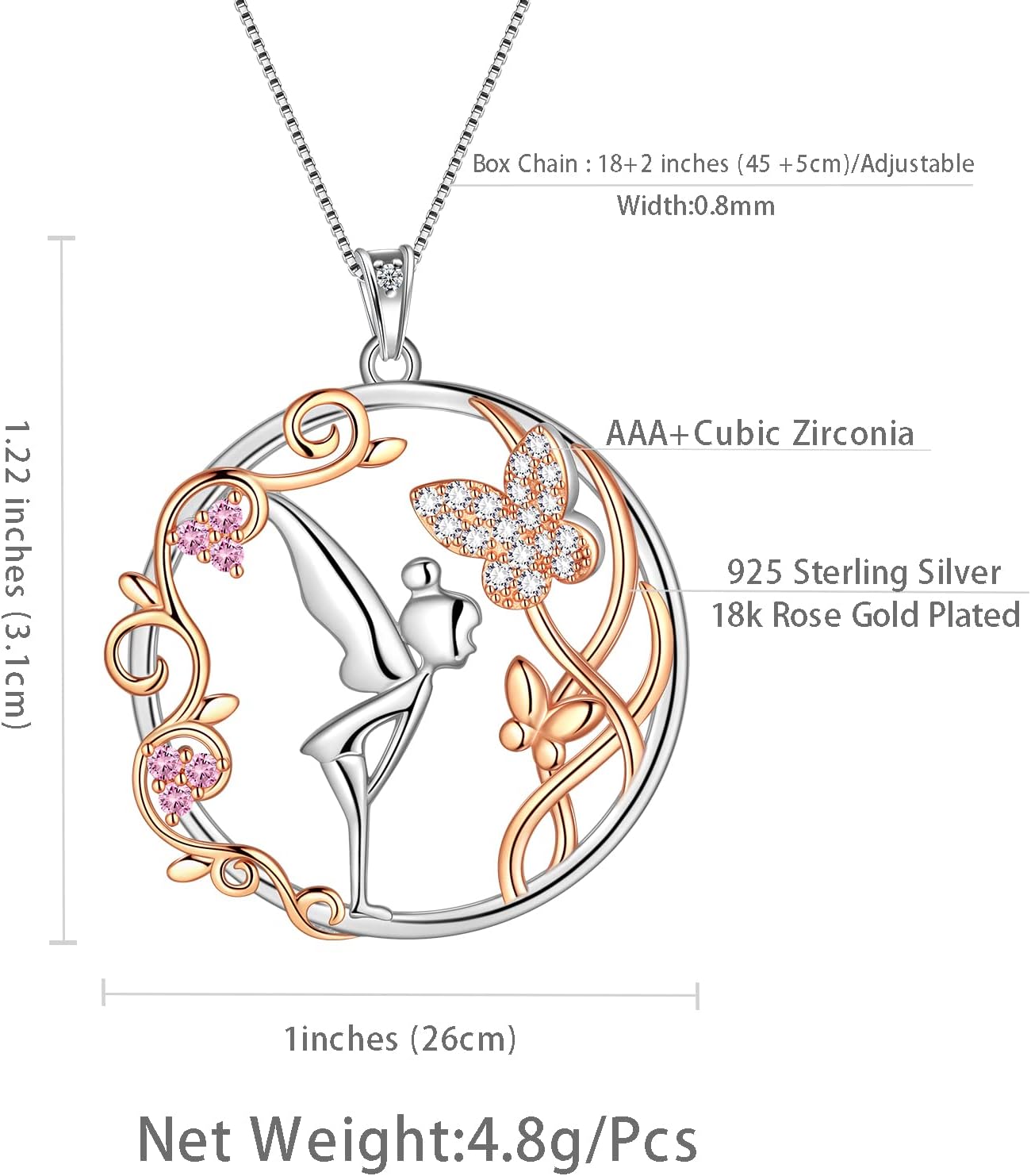 Aurora Tears Fairy Necklace for Teen Women- 925 Sterling Silver Angel Butterfly Vine Leaves Rose Gold Pendant Necklace Pink Crystal Jewelry for Women Christmas Birthday Valentine's Day Gift - Image 6