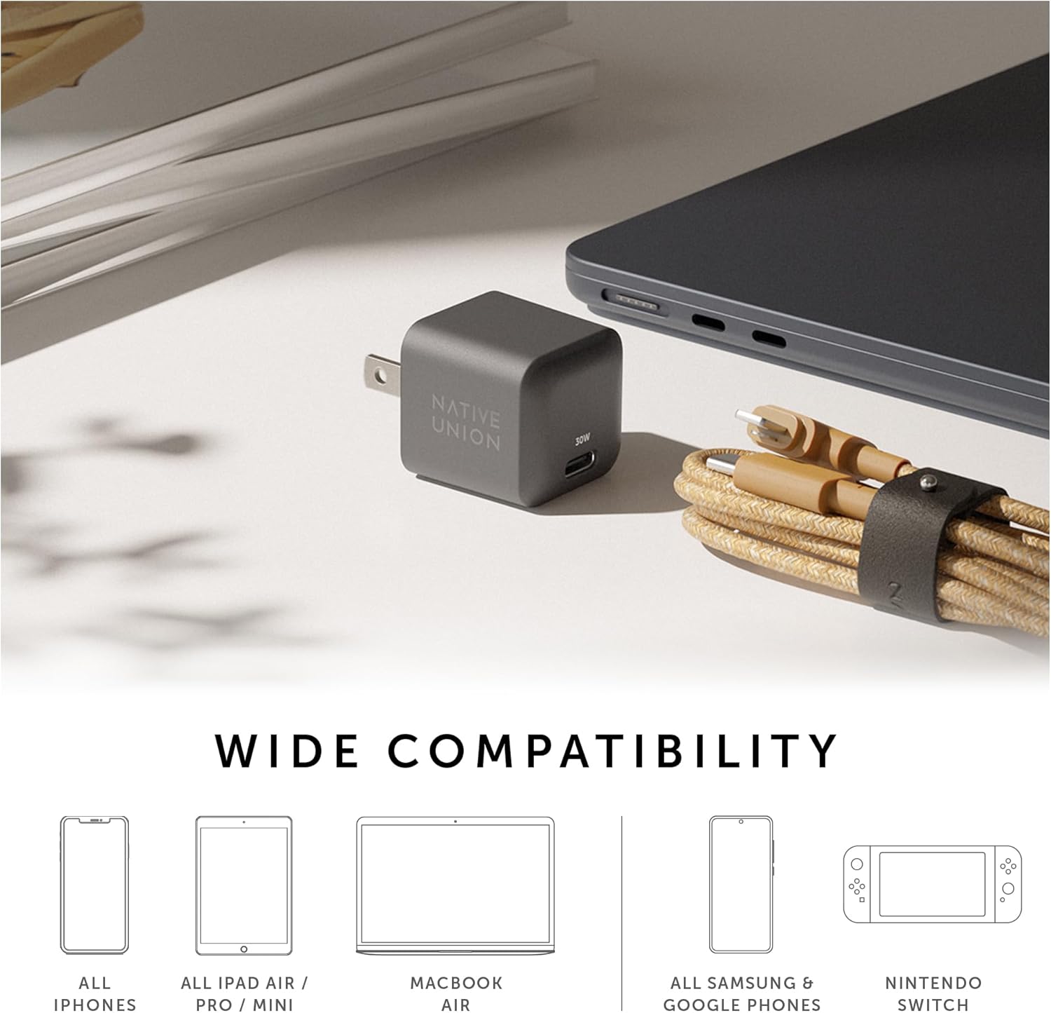 Native Union Fast GaN Charger demonstrating compatibility with various devices including iPhones, iPads, MacBook Air, Samsung/Google phones, and Nintendo Switch