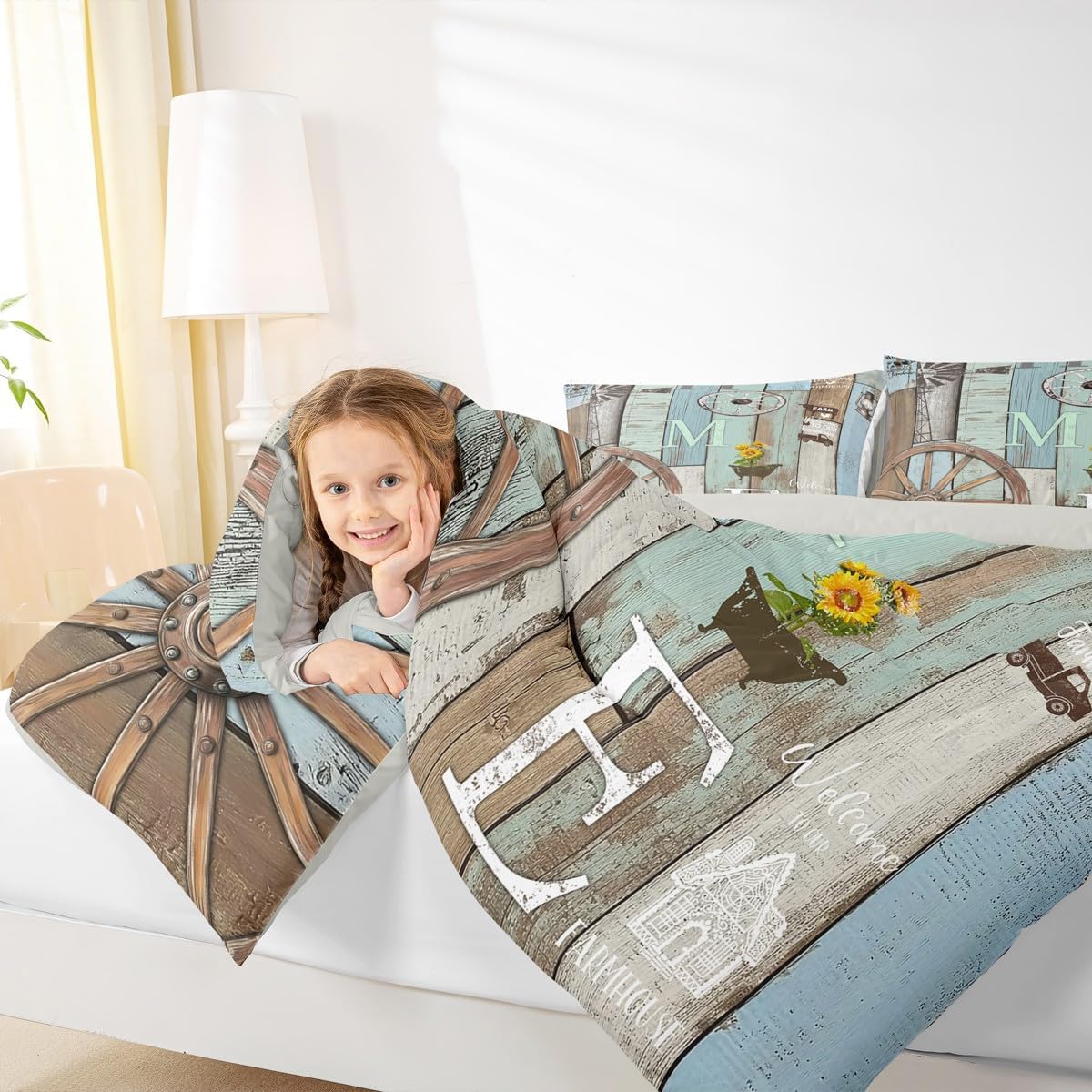 Rustic Farmhouse Cabin Bedding Set Retro Western Wooden Board Wheel Comforter Set King,Farm Animal Sunflower Comforter For Lodge,Pastoral Country Planks Quilt Duvet Teal Brown Home Room Decor 3 Pcs