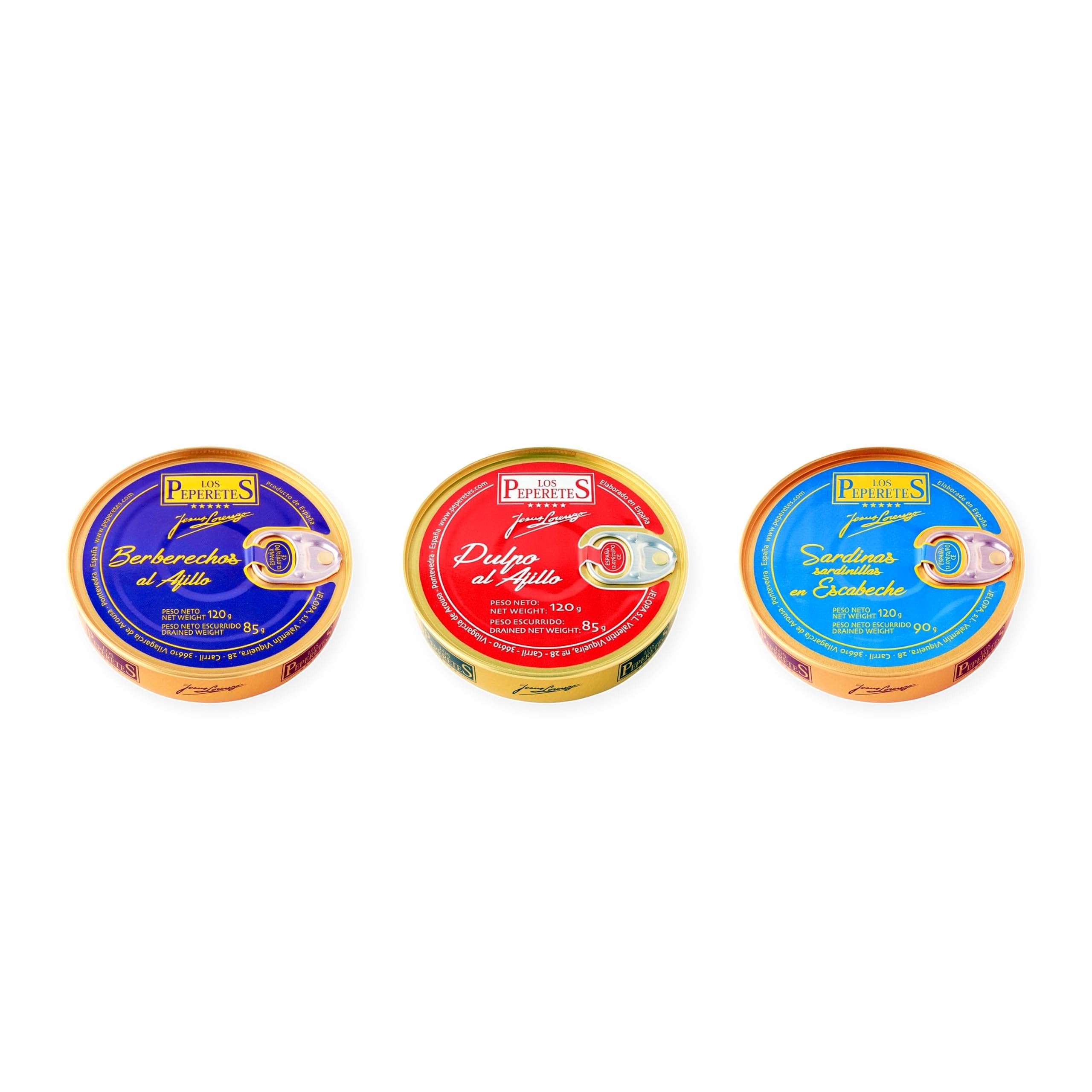 los peperetes conservas Berberechos Ajillo, Pulpo Ajillo y Sardinillas Escabeche pack 3 latas