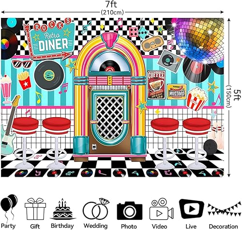 Miniatura 5 de Fondo de fiesta retro de los años 50 de 7 x 5 pies, decoración de Rock and Roll Sock Hop de los años 50, fondo de fotografía, accesorios para cabina