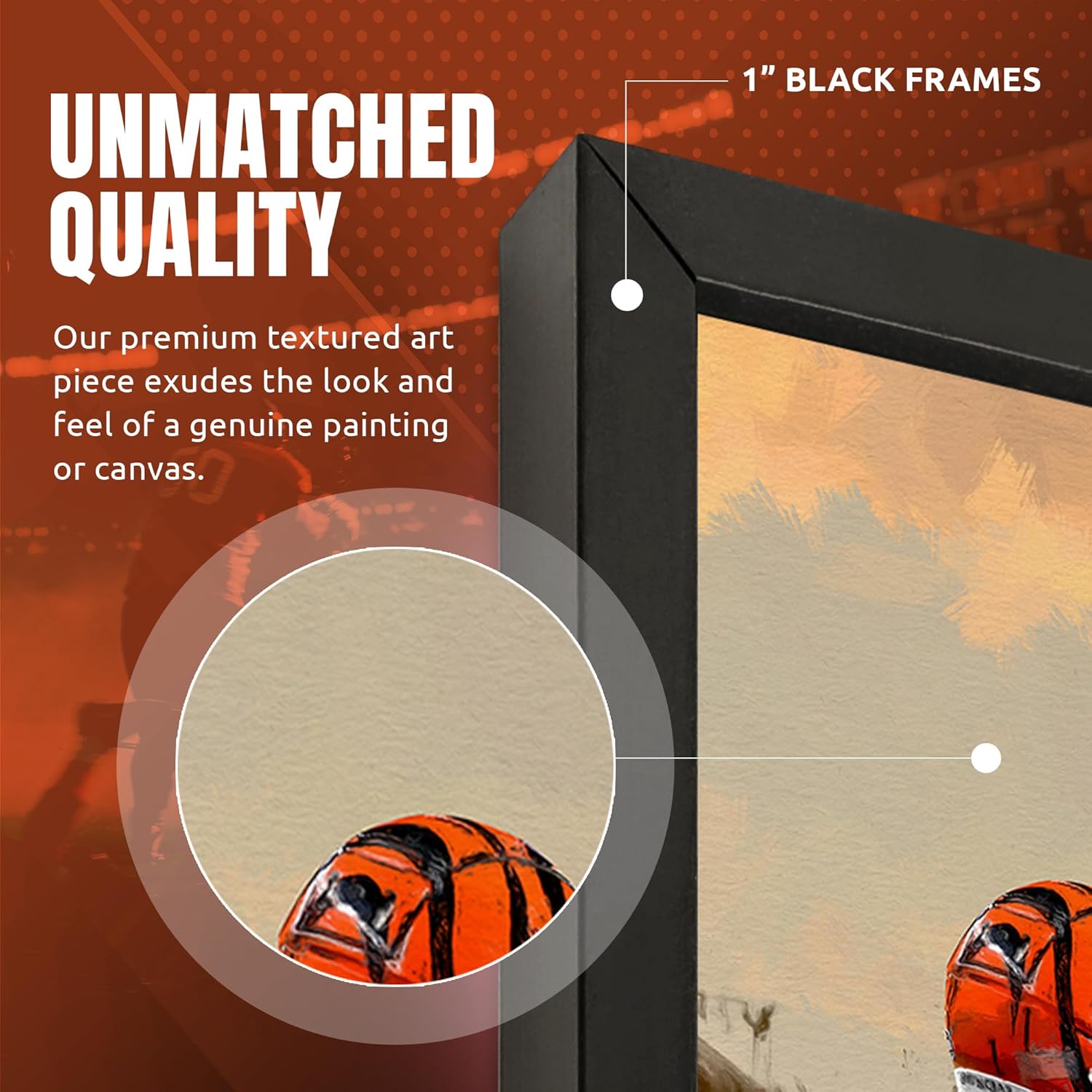 Sporticulture NFL American Football Framed Wall Art - Cincinnati Bengals - Jamaar Chase - Joe Burrow - Tee Higgins - Picture Poster for Boys Bedroom and Man Cave, Ready to Hang, 14" x 20" - Image 3